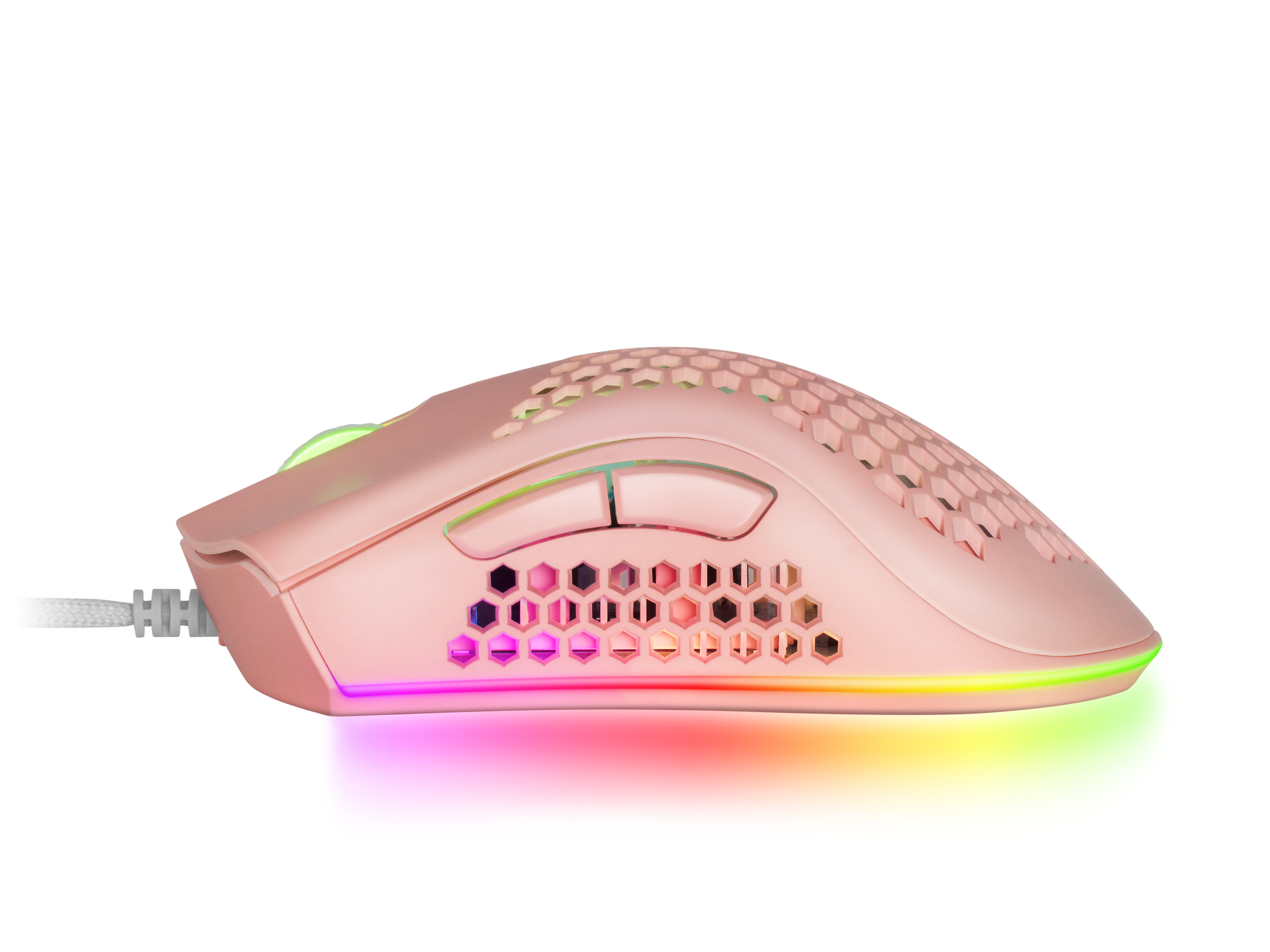 Roségoldfarbene Gaming-Maus mit Wabenmuster und RGB-Beleuchtung.