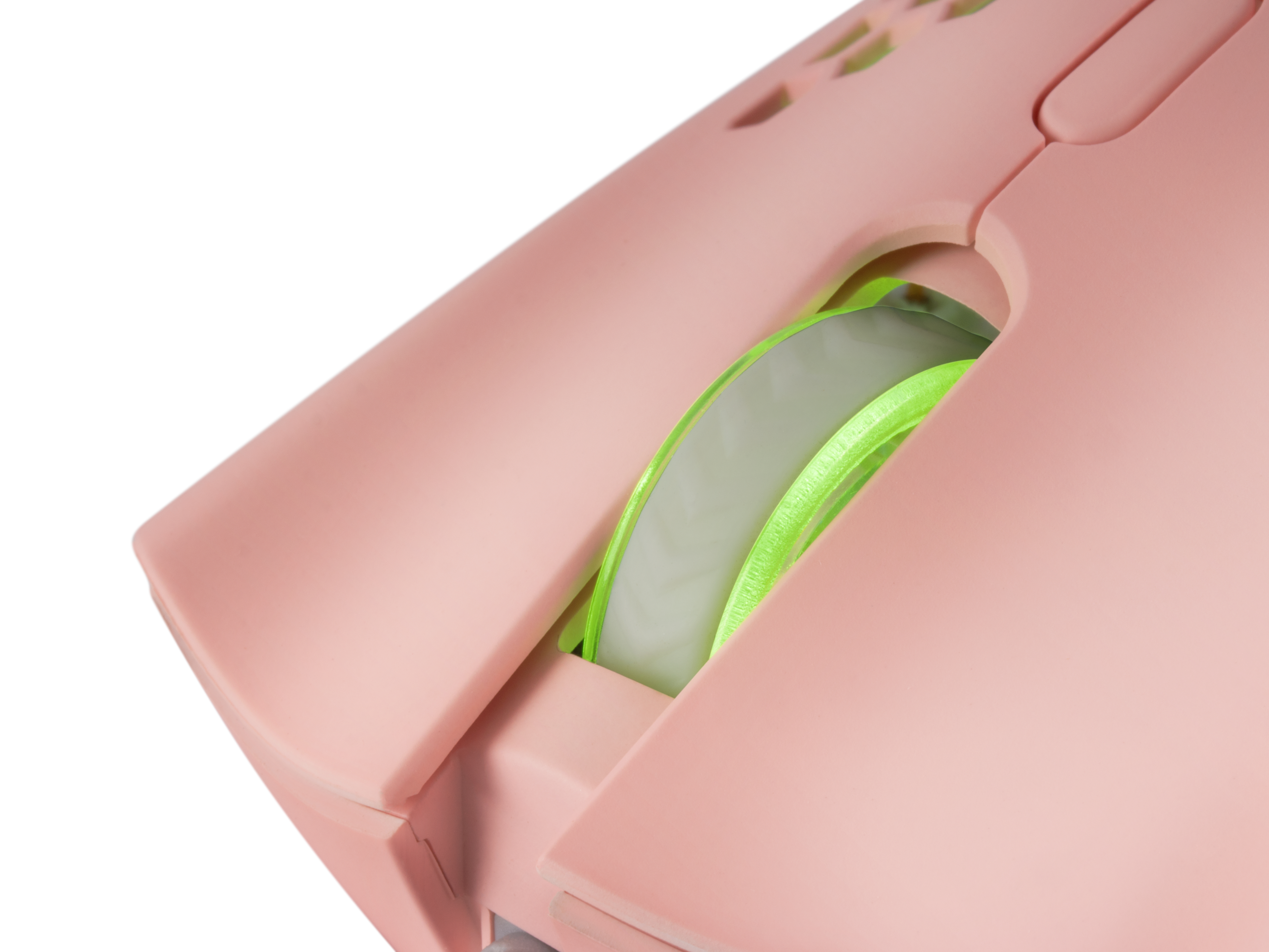 Nahaufnahme einer rosa Maus mit einem grünen und grauen Scrollrad.