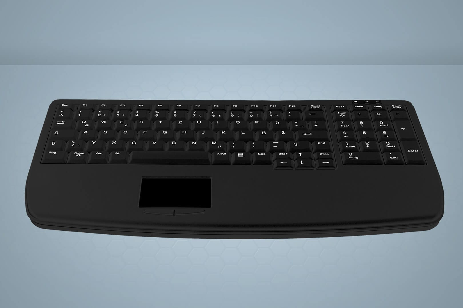 Tastiera nera con touchpad e tasti bianchi. Su sfondo sfumato blu.