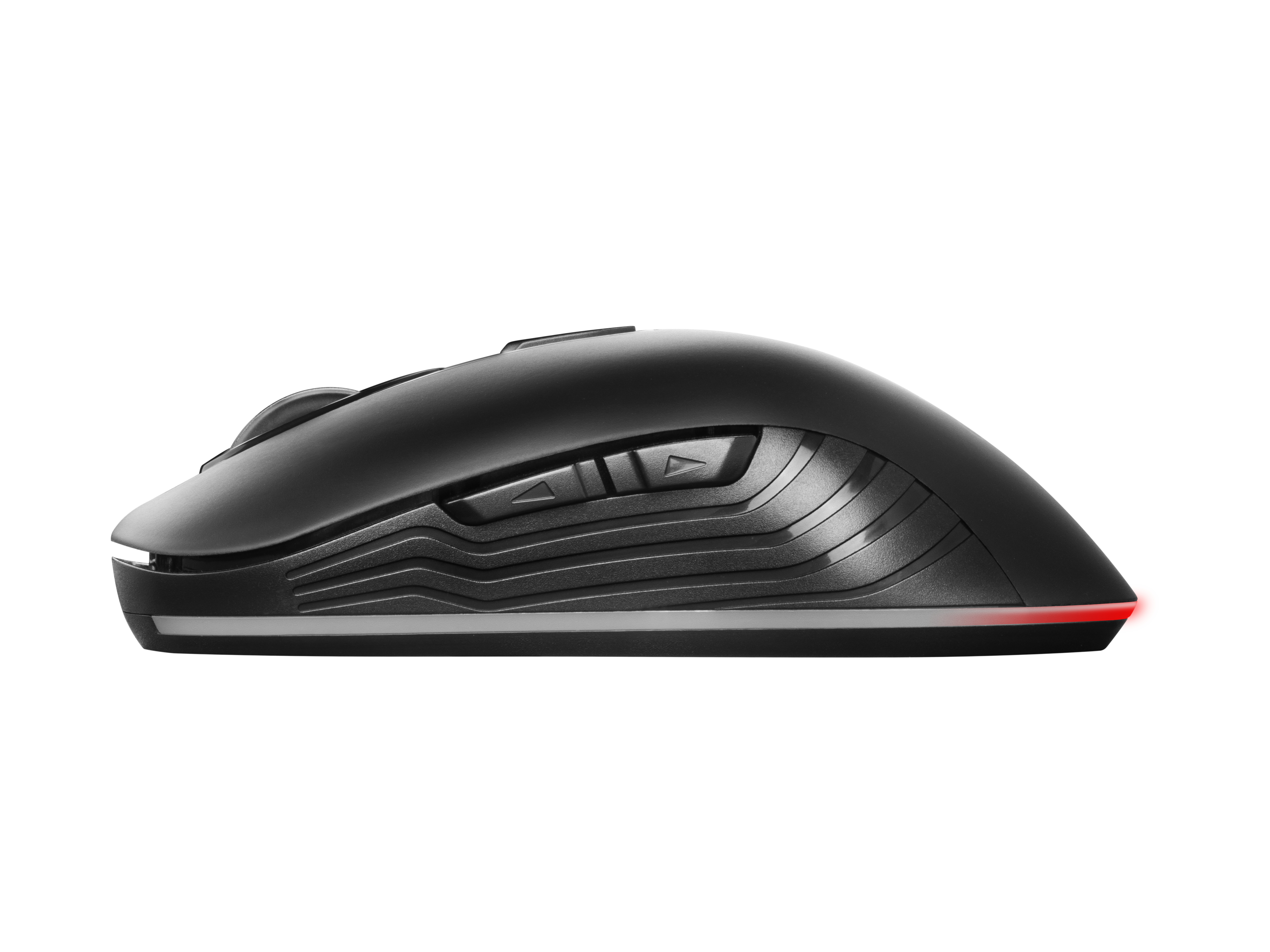 Zwarte gamingmuis met rode verlichting aan de onderkant. De muis heeft knoppen aan de zijkant.