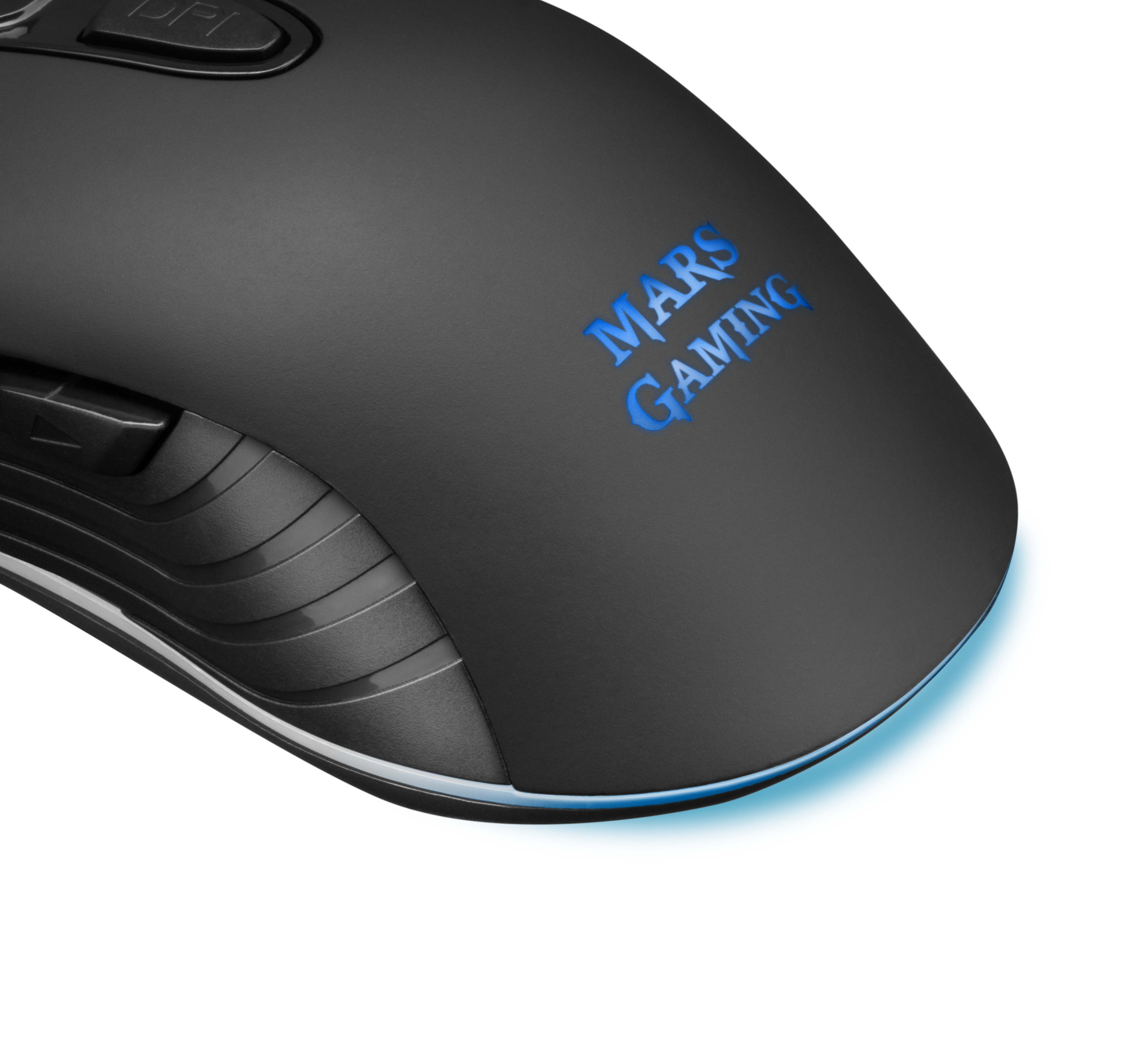 Zwarte gamingmuis met blauw 'MARS GAMING' logo. Witte achtergrond.