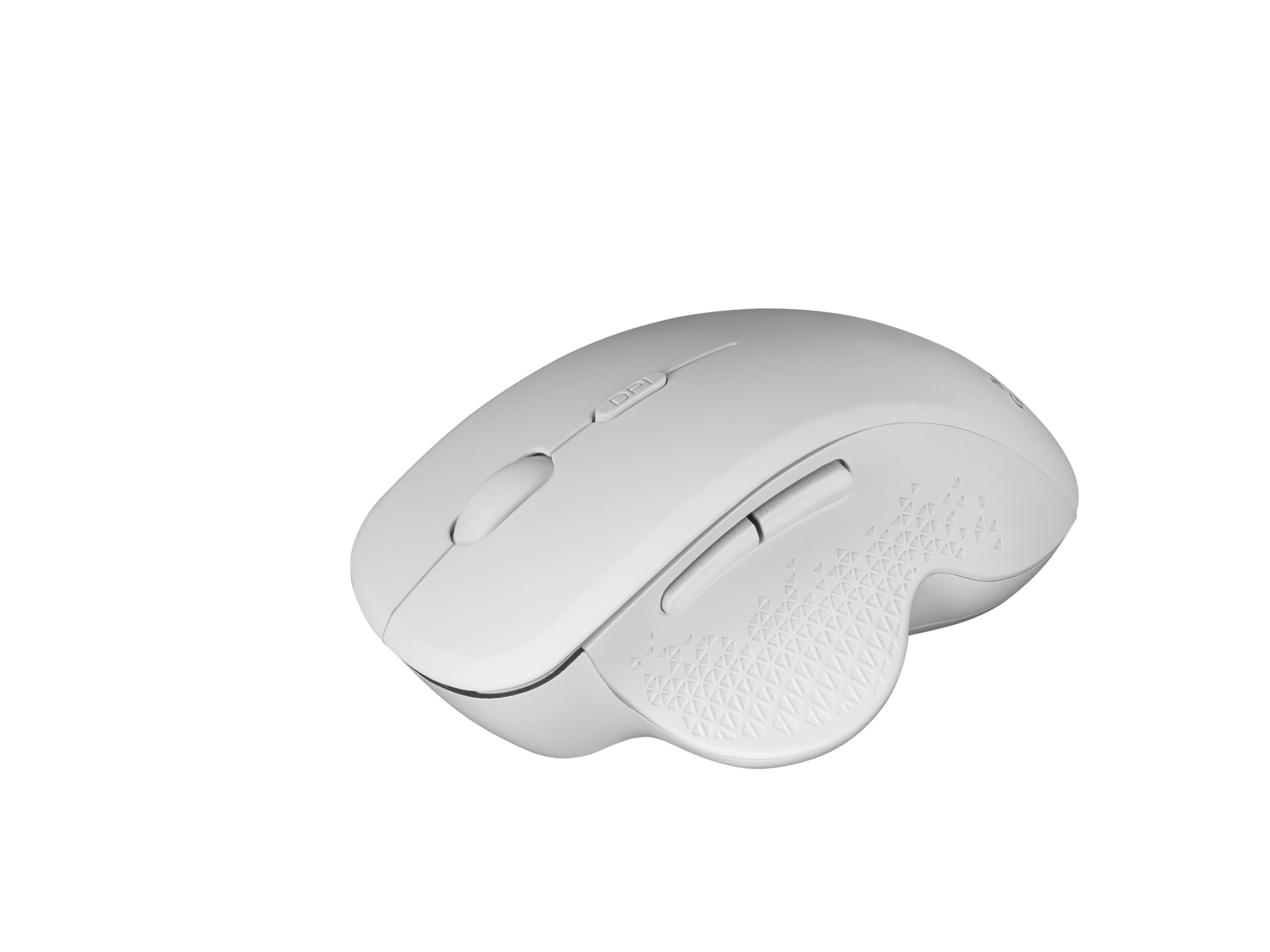 Witte ergonomische muis met twee zijknoppen en een getextureerd gripgebied op een witte achtergrond.