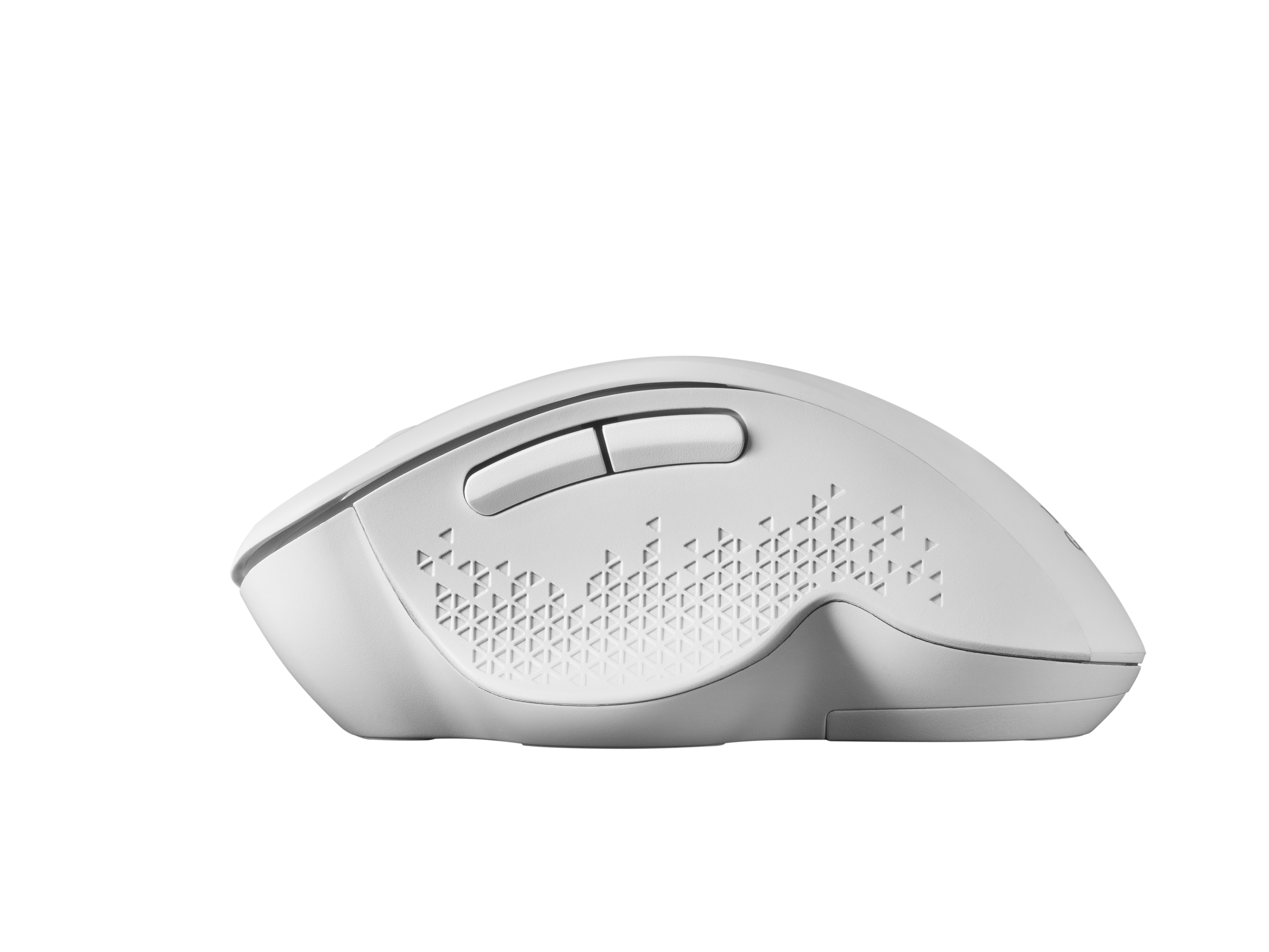 Witte computermuis met twee knoppen en een getextureerde zijkant.