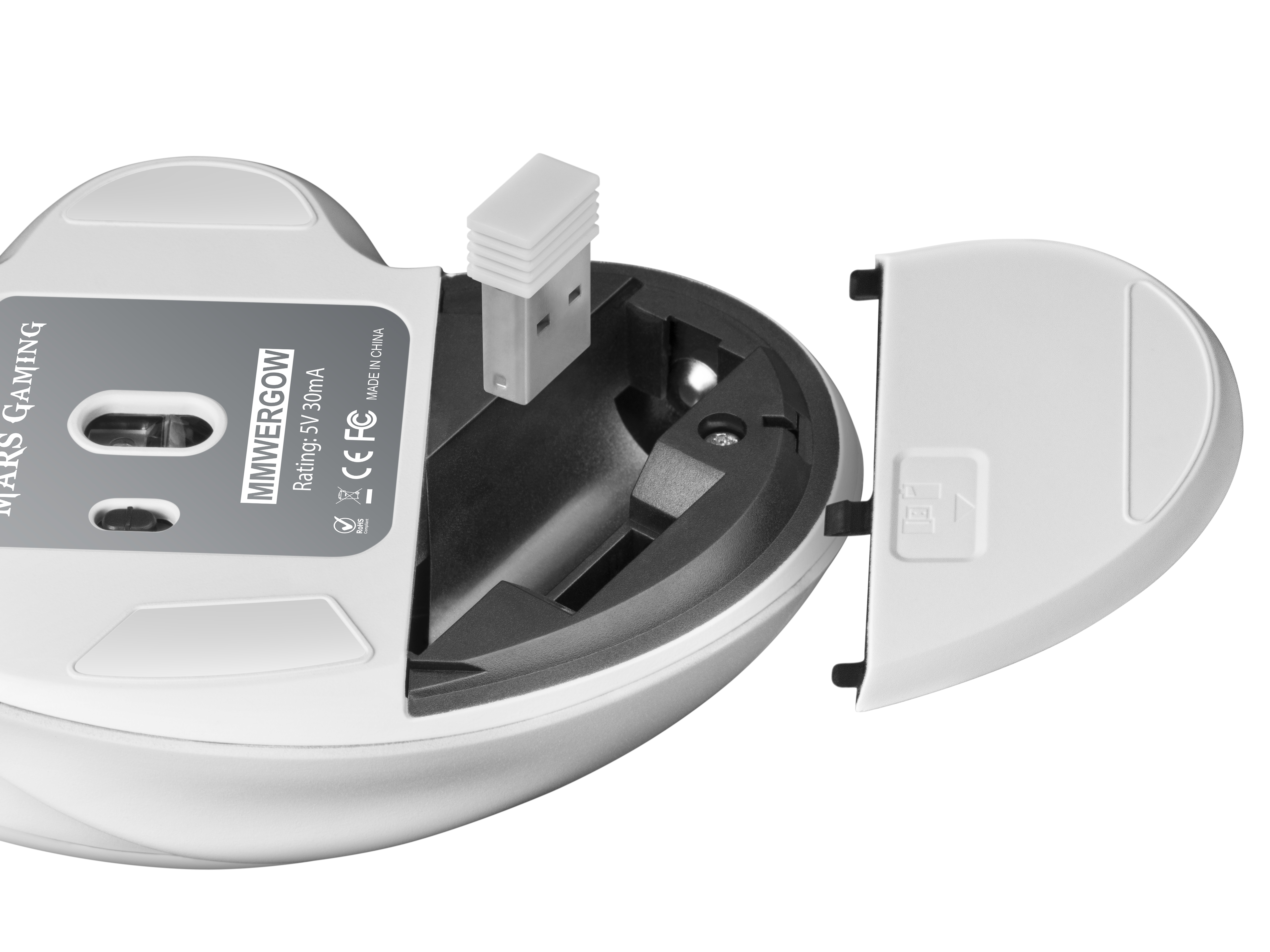 Witte gamingmuis met open batterijklep, binnenkant en USB-ontvanger zichtbaar.