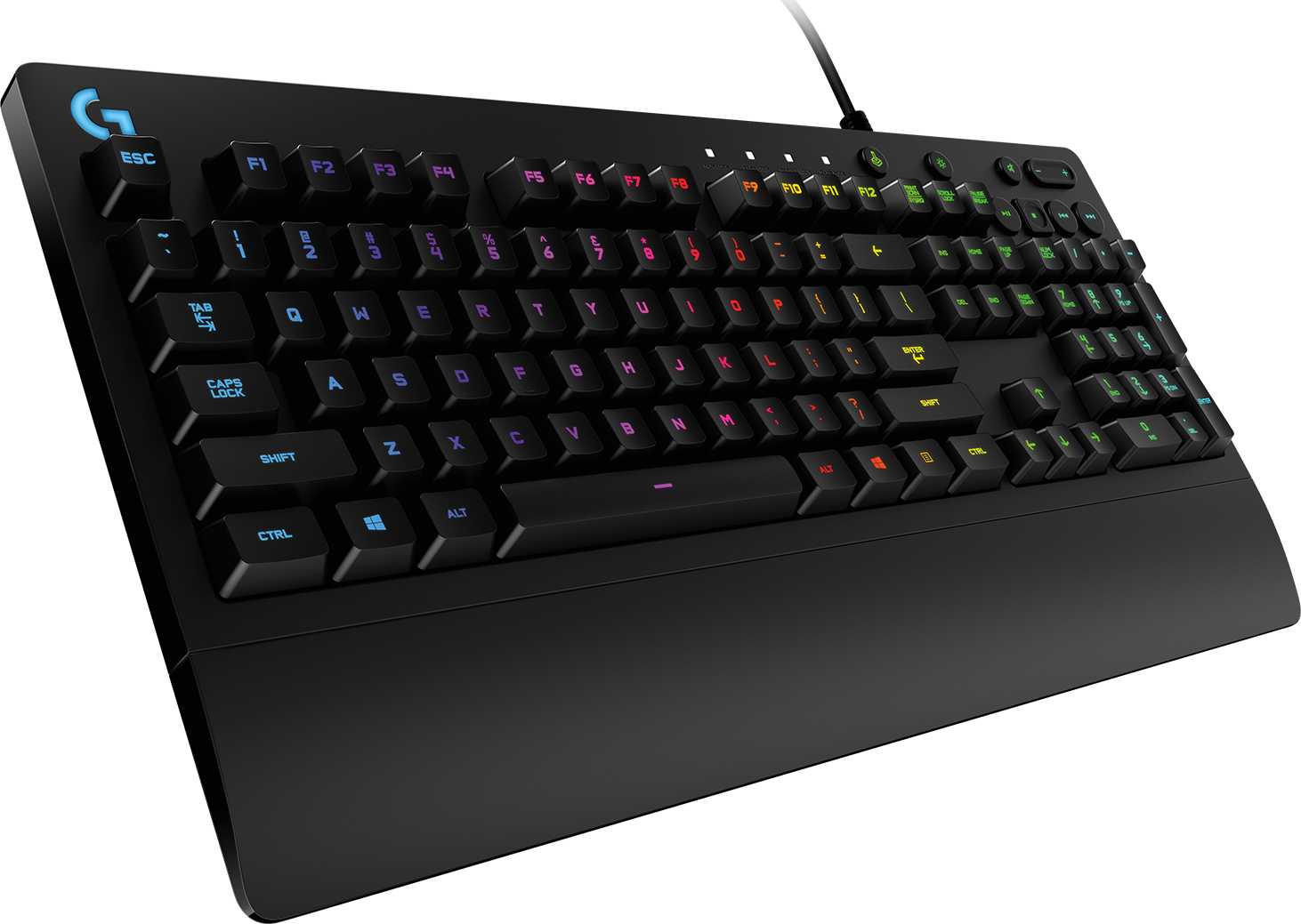 Eine schwarze Gaming-Tastatur in einer Box mit LED-Leuchten und dem NGS-Logo auf weißem Hintergrund.