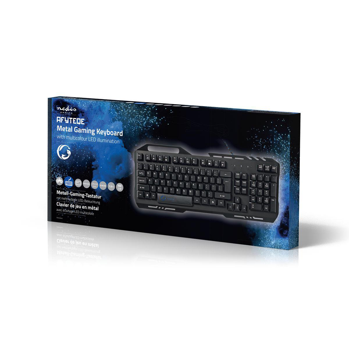 Eine Tastaturbox mit einer Tastatur darin. Die Marke ist Nedis.