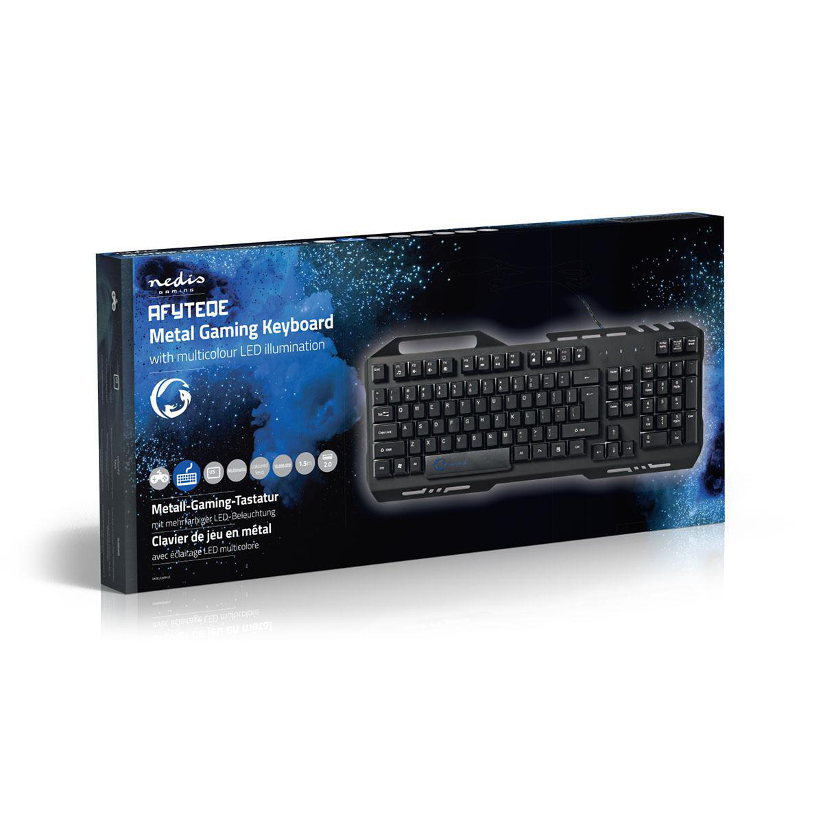 Schwarze Gaming-Tastatur in einer Box. Die Box hat ein blaues und weißes Design, die Tastatur ist sichtbar.