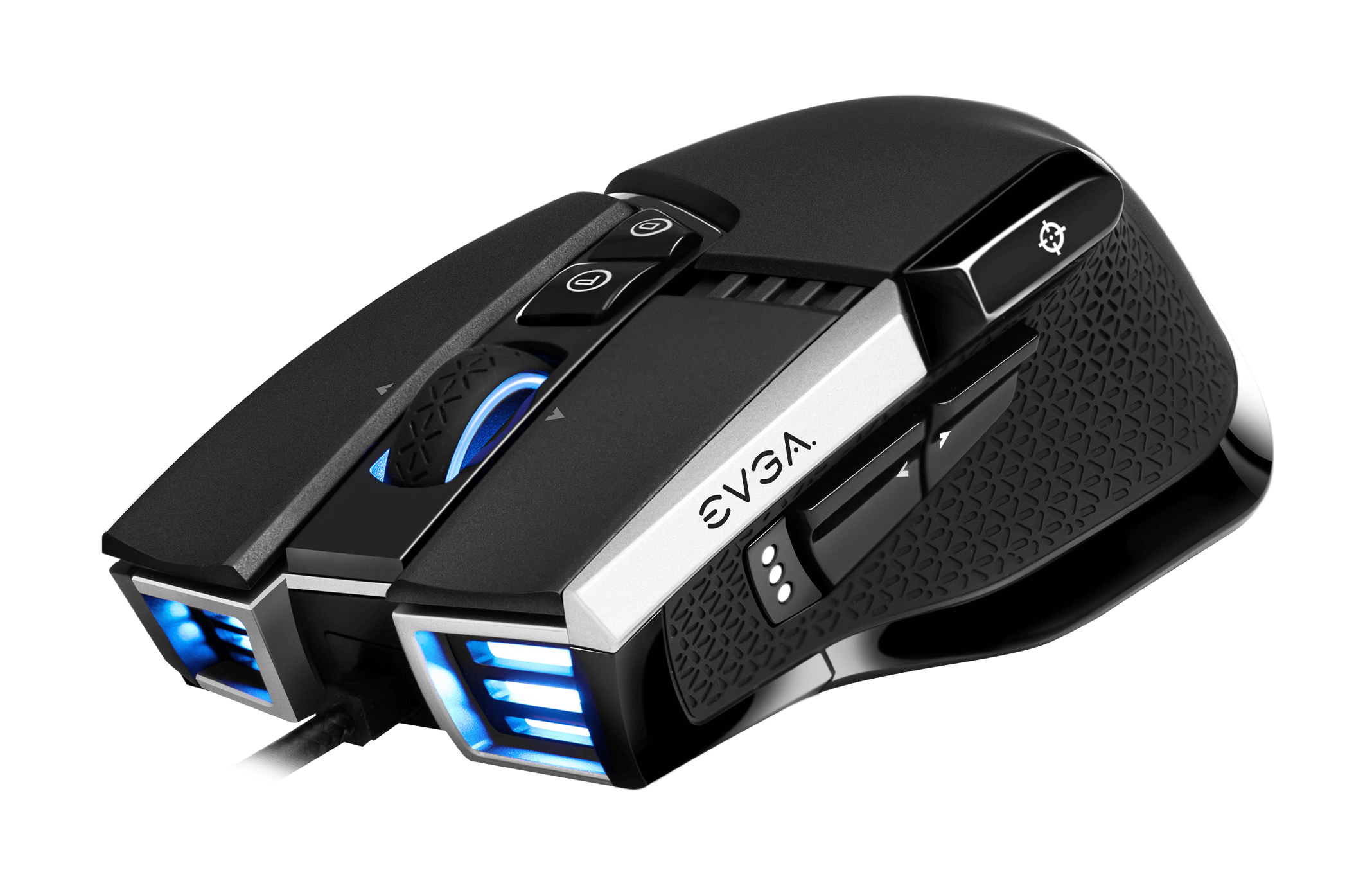 Ratón gaming negro con luces azules y múltiples botones. 'EVGA' está en él.
