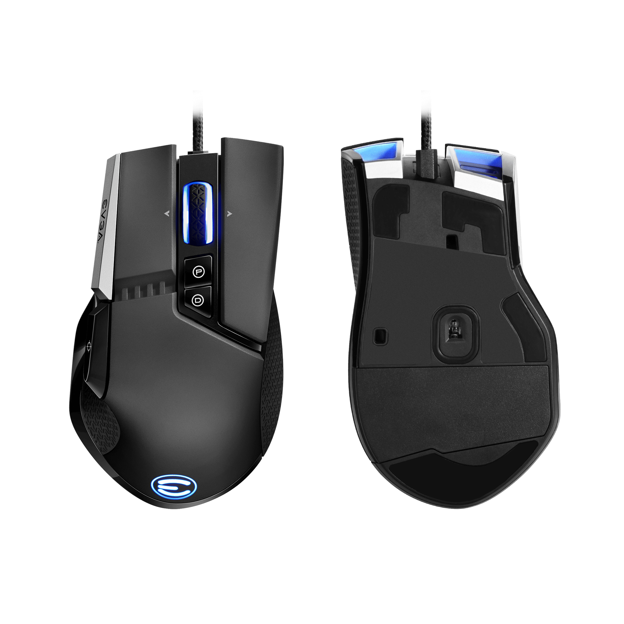 Ratón gaming negro con botones laterales e iluminación RGB, fondo blanco.