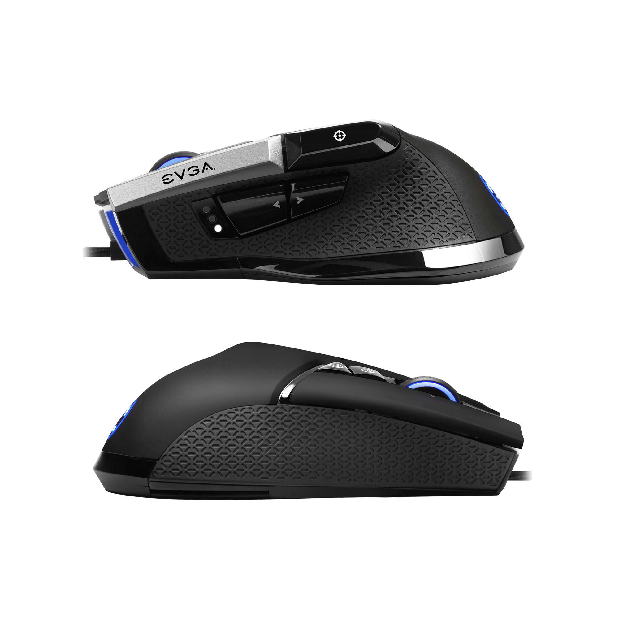 Dos ratones negros, uno encima del otro, con detalles azules y logo EVGA.