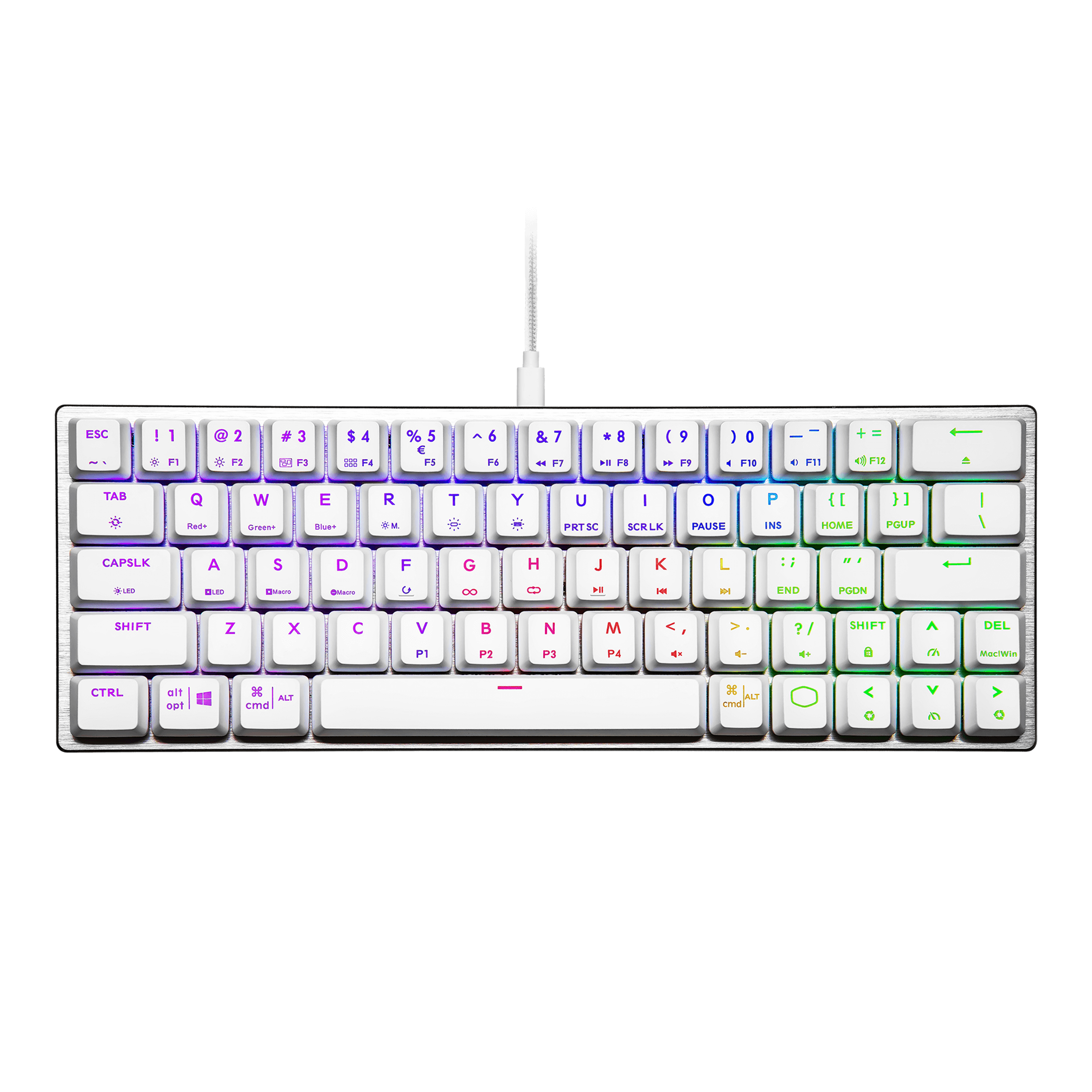 Eine weiße Tastatur mit mehrfarbiger LED-Hintergrundbeleuchtung, mit einigen hervorgehobenen Tasten.