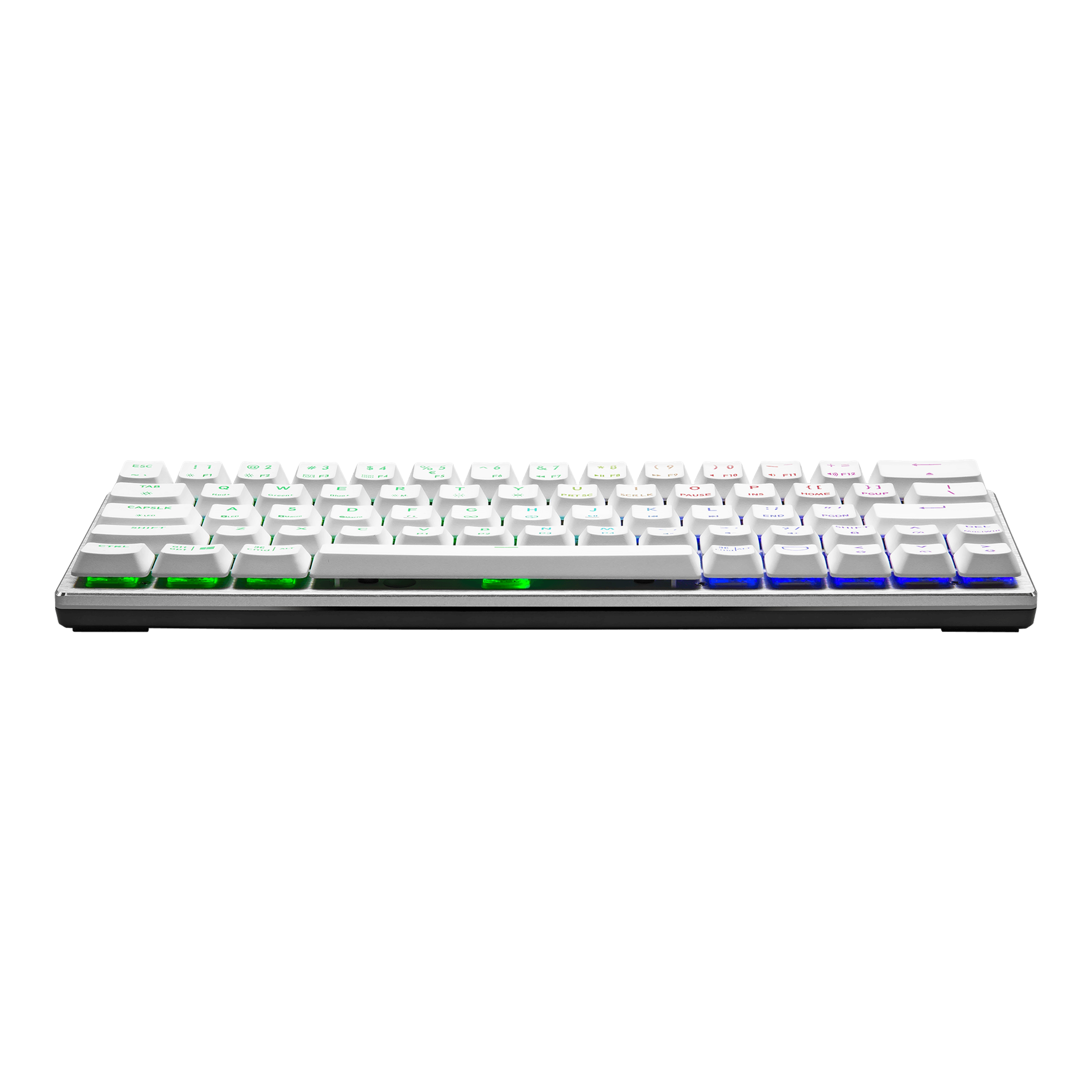 Eine weiße mechanische Tastatur mit farbigen Tasten. Die Tastatur hat einen schwarzen Rahmen und liegt auf weißem Grund.