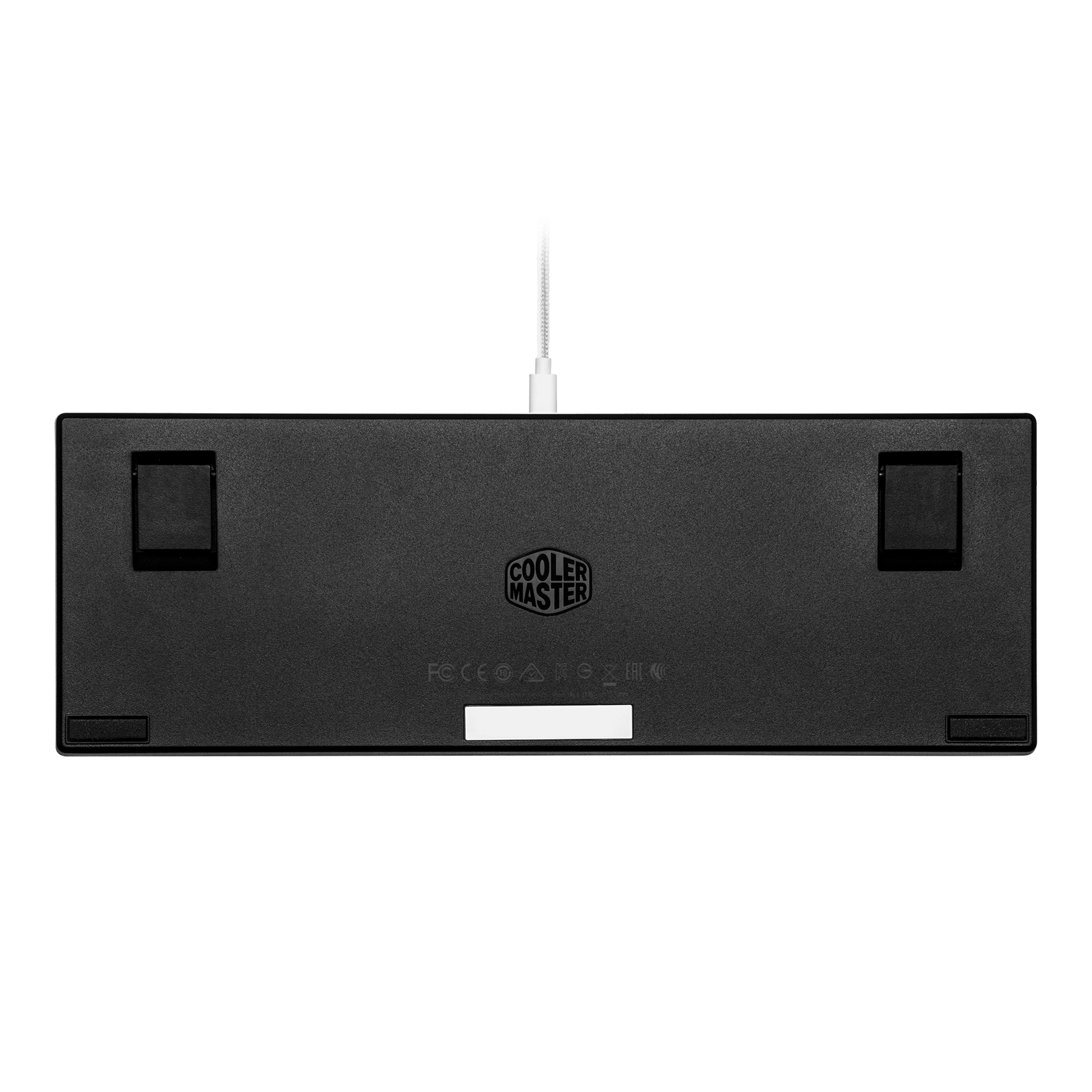 Schwarze Tastatur, Unteransicht, mit weißem Kabel.