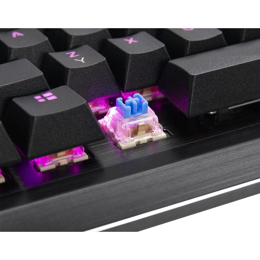 Primo piano dei tasti della tastiera, neri con interruttori viola e blu.