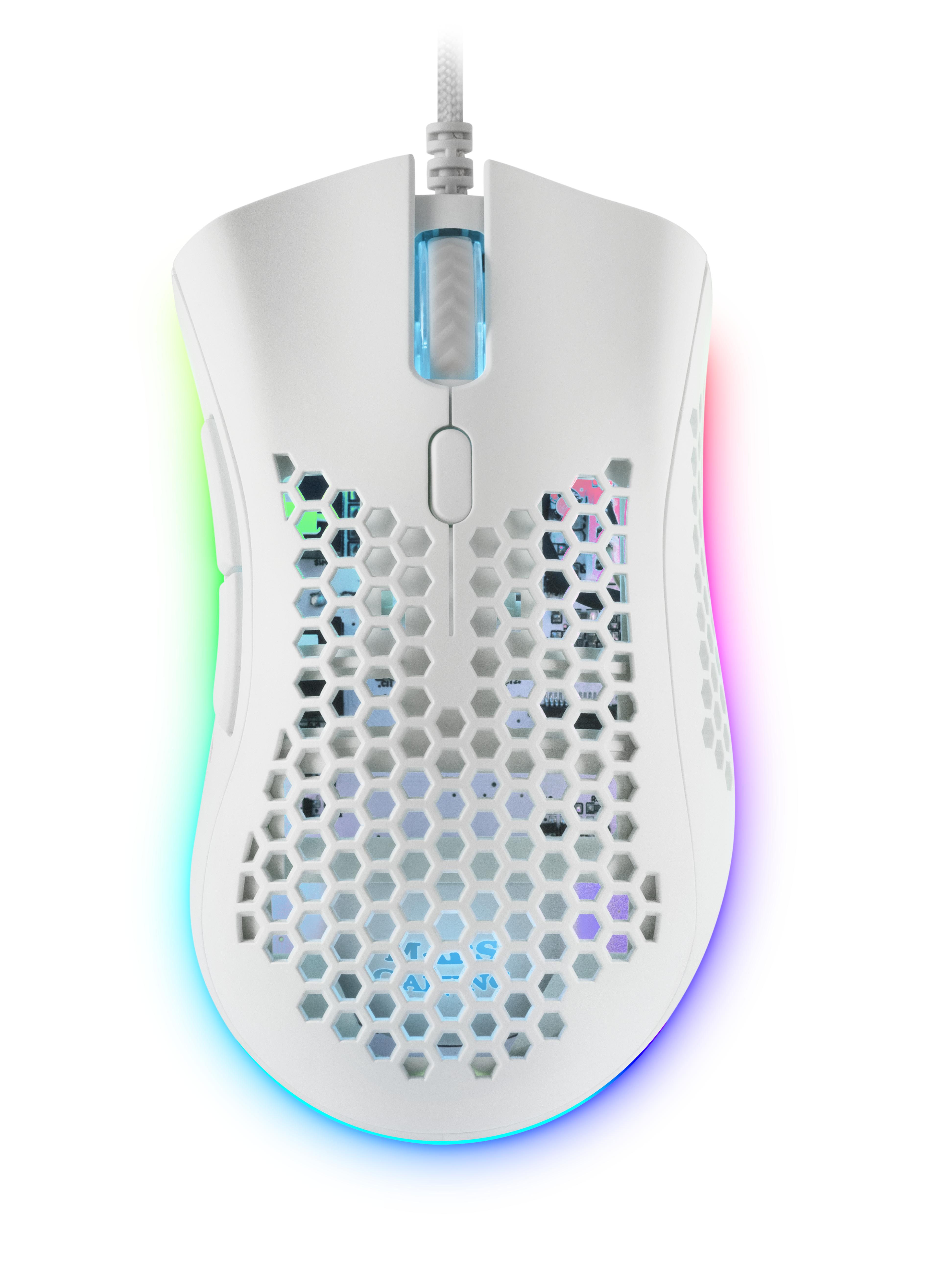 Mouse da gaming bianco con design a nido d'ape. Presenta illuminazione RGB sui bordi e un pulsante centrale.