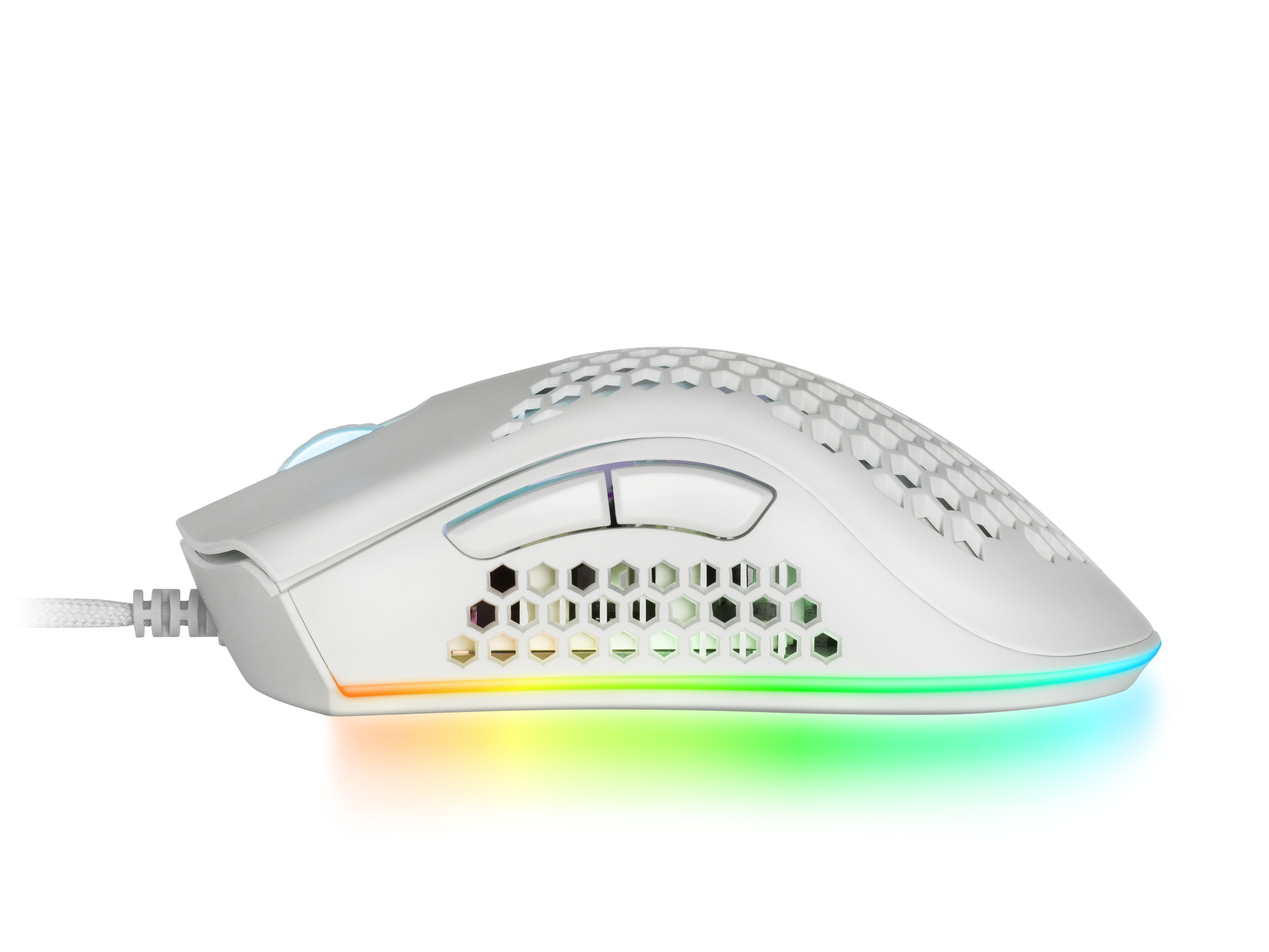 Mouse da gioco bianco con design a nido d'ape e illuminazione RGB.