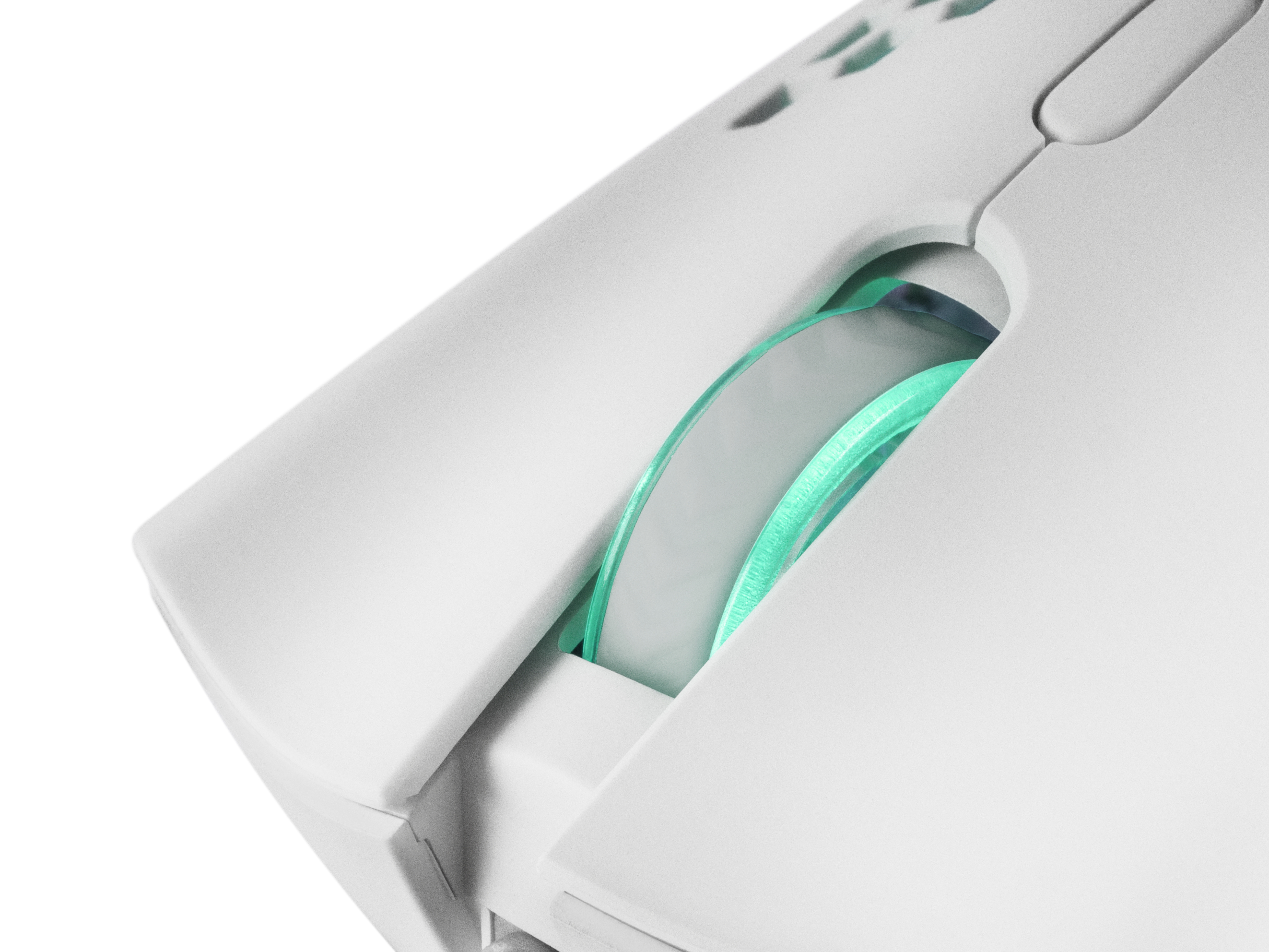 Mouse bianco con rotella di scorrimento illuminata di verde. Sfondo bianco.