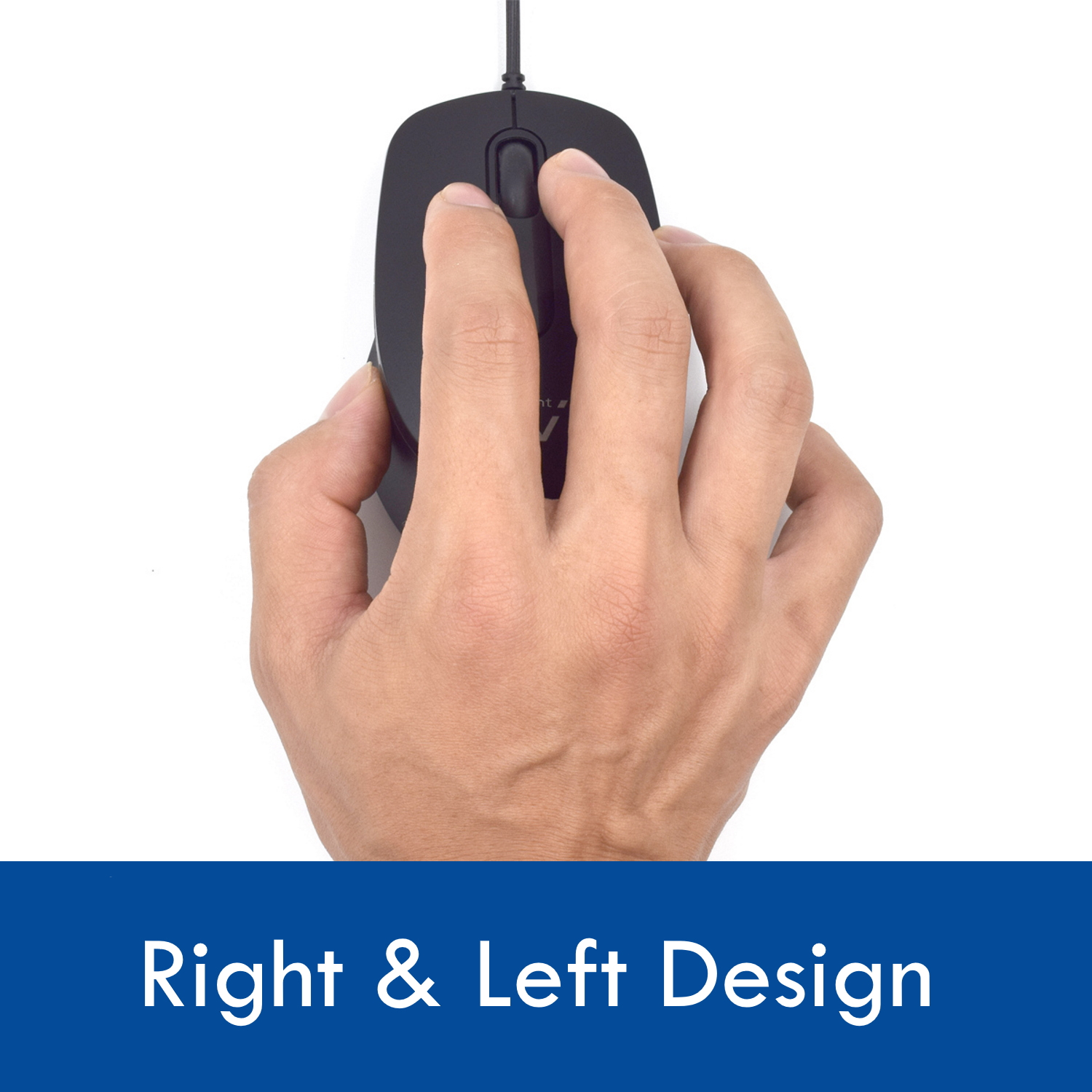 Een hand die een zwarte muis vasthoudt, met een witte achtergrond en een label 'Right & Left Design'.