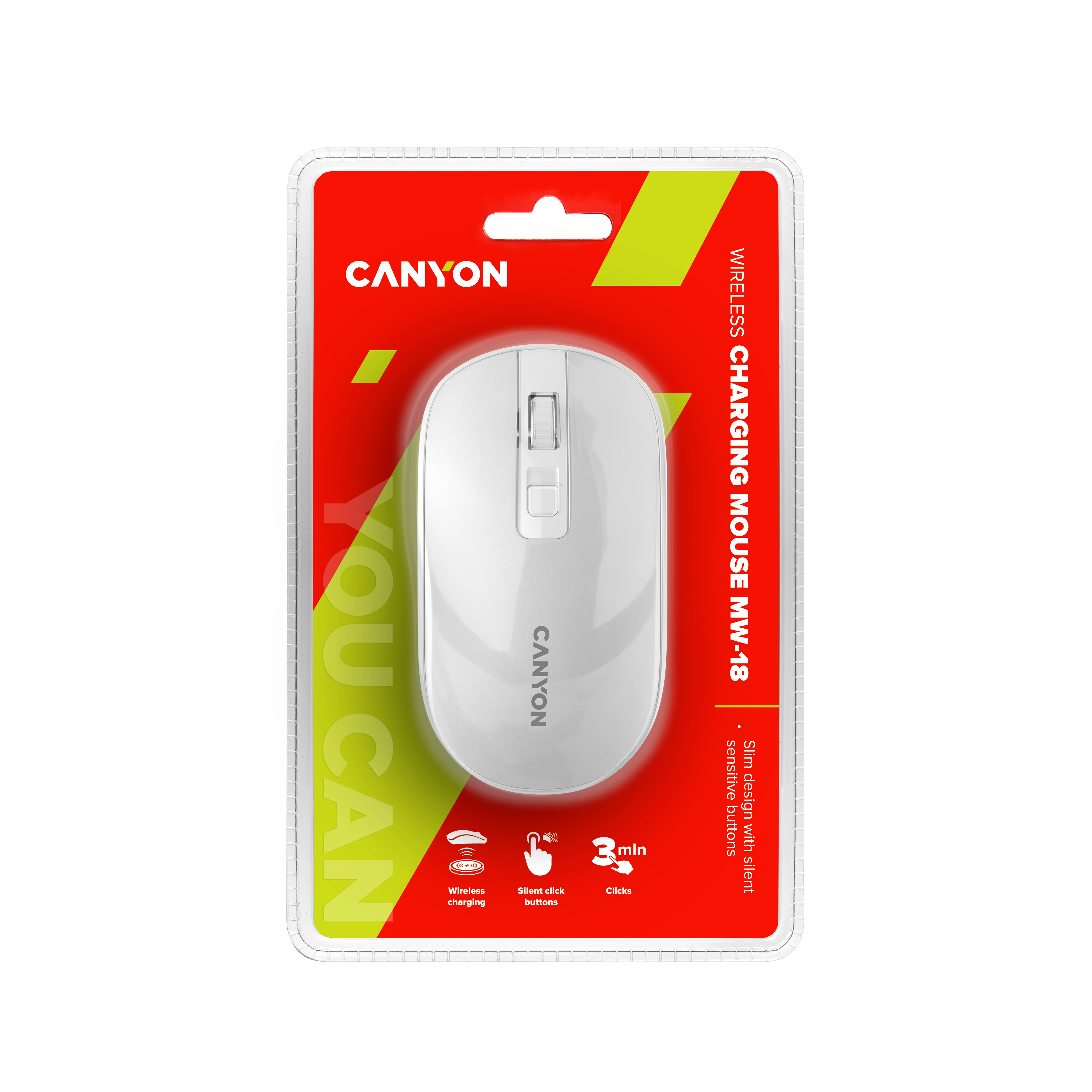 Biała mysz w opakowaniu. Ma białą górę. Widoczny jest tekst CANYON. Zawiera słowa Wireless Charging Mouse.