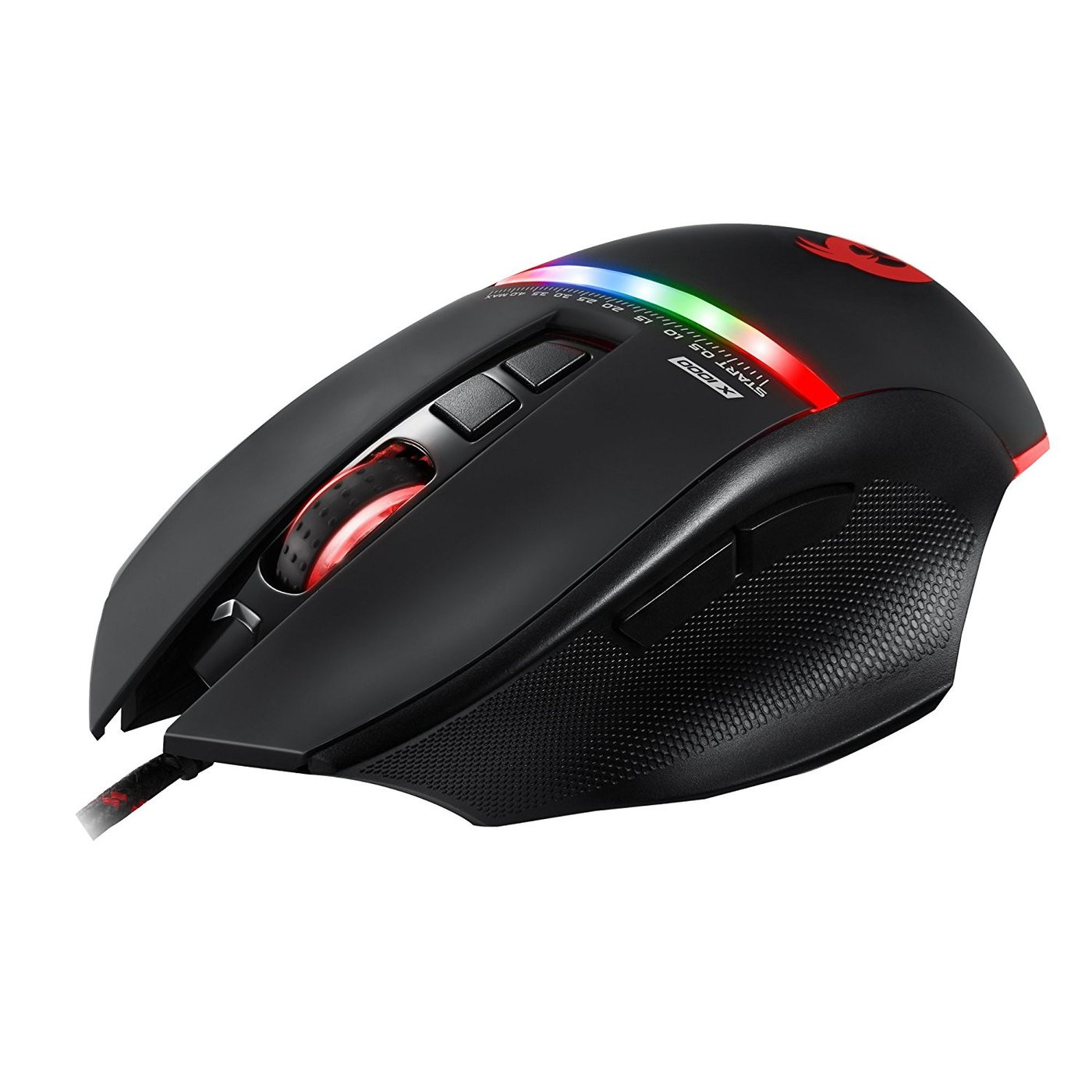 Schwarze Gaming-Maus mit mehreren Tasten und leuchtendem RGB-Rad und Akzenten.