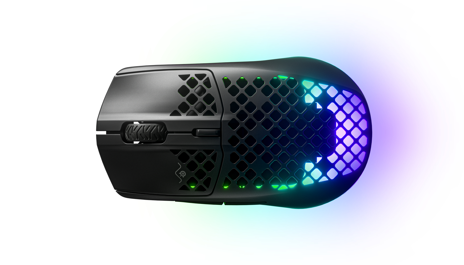RGB aydınlatmalı siyah bir oyun faresi, renkli ışıklarla yukarıdan görünüm.