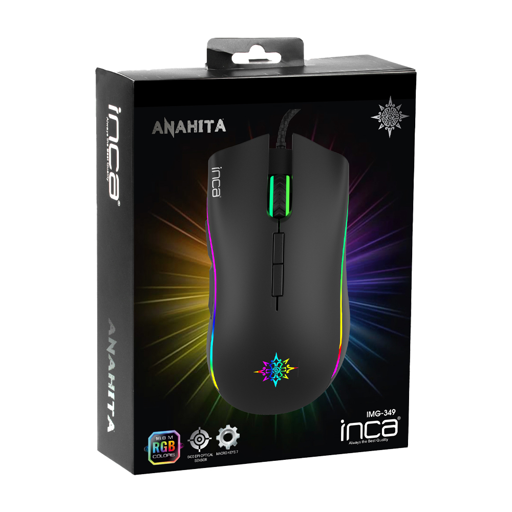 Schwarze Gaming-Maus mit RGB-Beleuchtung in der Box auf weißem Hintergrund.
