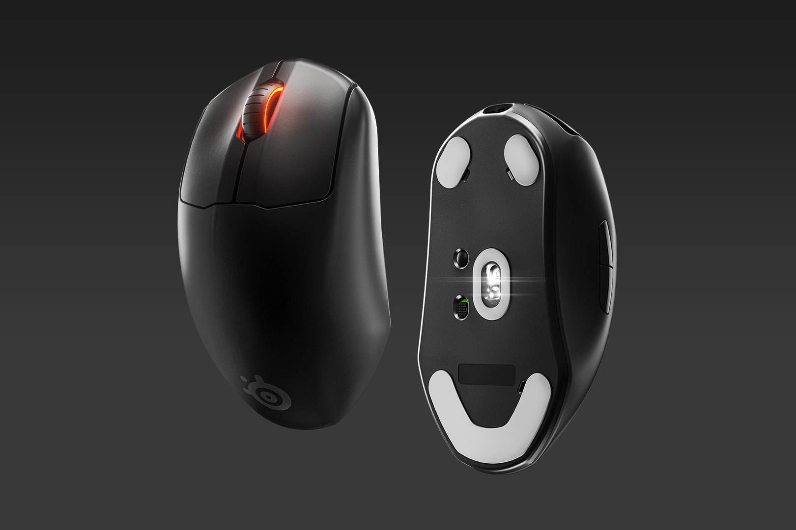 Schwarze und dunkelgraue Gaming-Maus mit roter Beleuchtung.