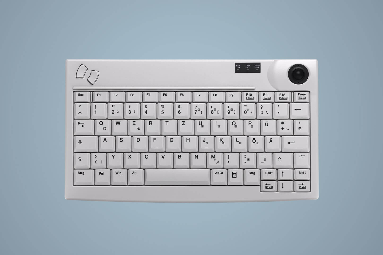 Weiße Tastatur mit Tasten, zusätzlichen Tasten und einem runden Bedienelement auf Farbverlauf Hintergrund.