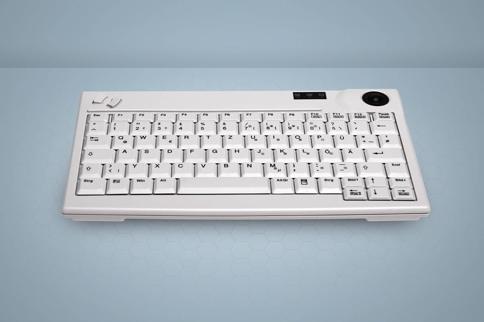 Weiße Tastatur mit Tasten, zusätzlichen Tasten und einem runden Bedienelement auf Farbverlauf Hintergrund.