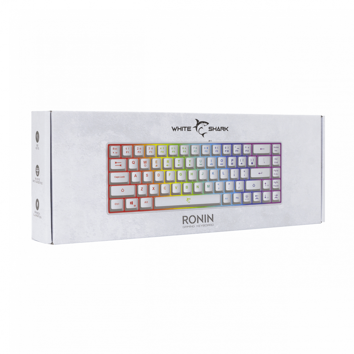 Eine Tastatur in einer Box. Die Tastatur ist mehrfarbig und trägt den Markennamen 'White Shark'.