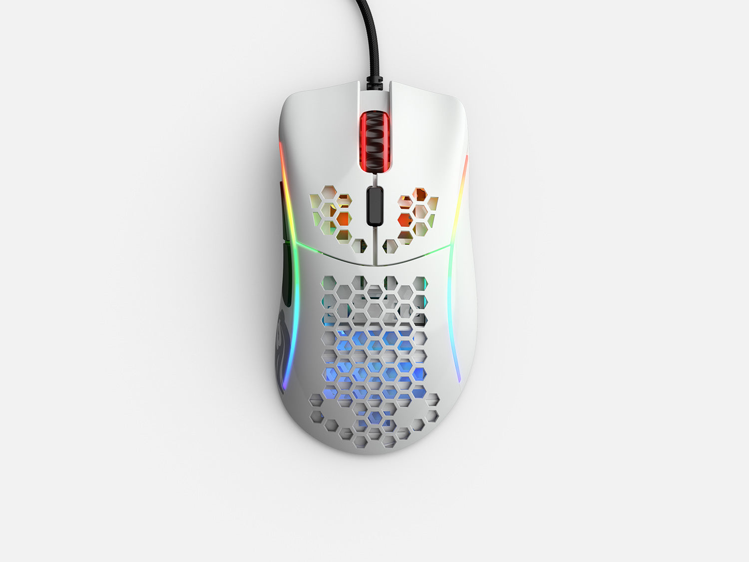 White gaming mouse with honeycomb design, RGB lighting, and black cable, on a white background.