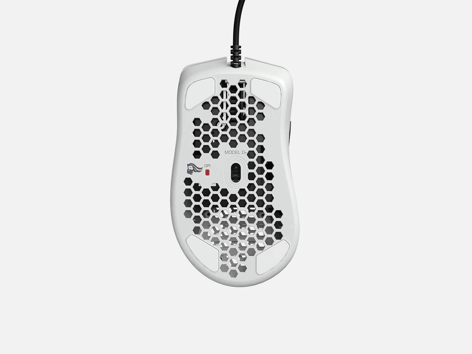 White gaming mouse, underside view. Honeycomb design, DPI button, and white pads.