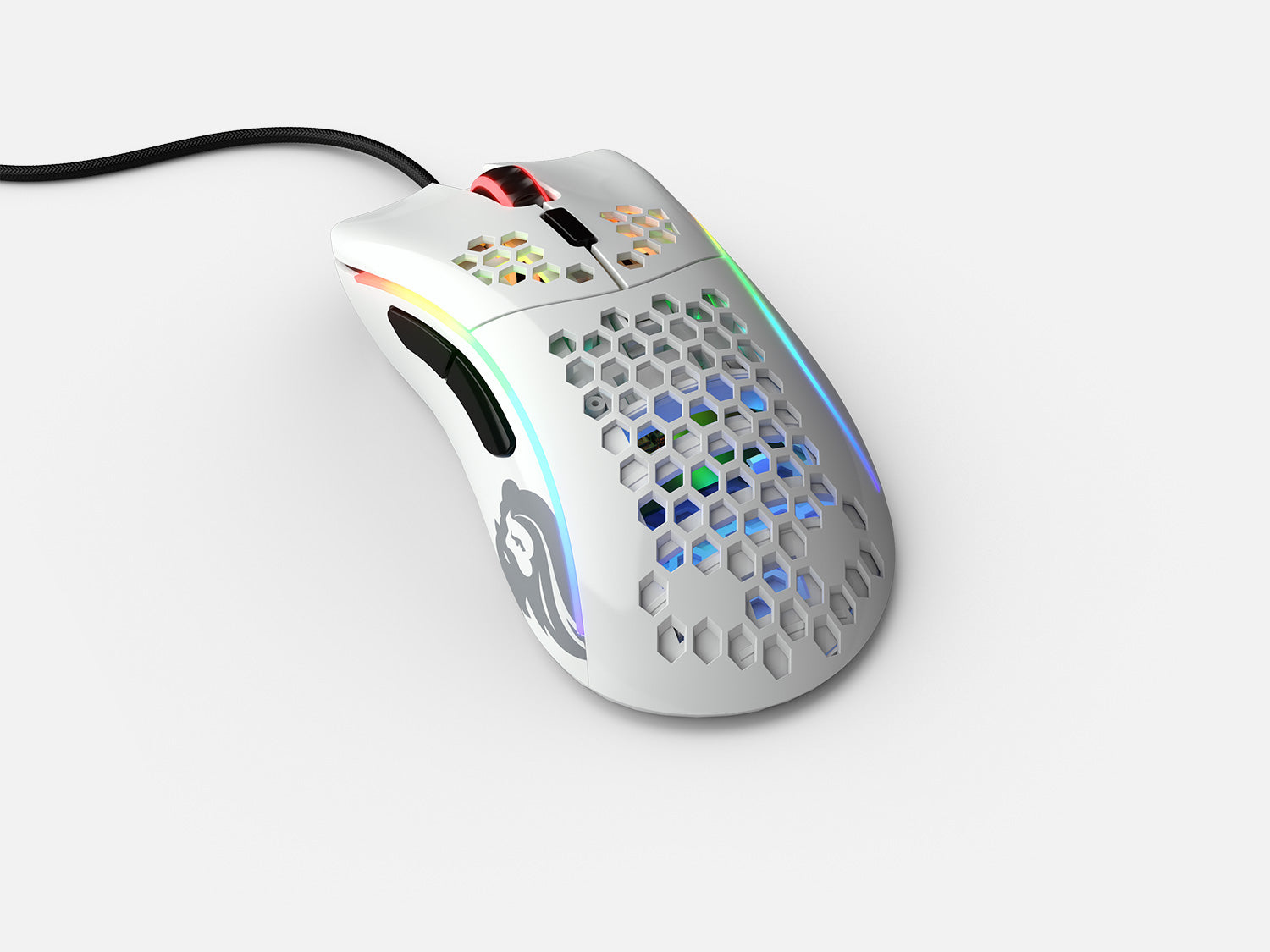 White gaming mouse with honeycomb design and RGB lighting.