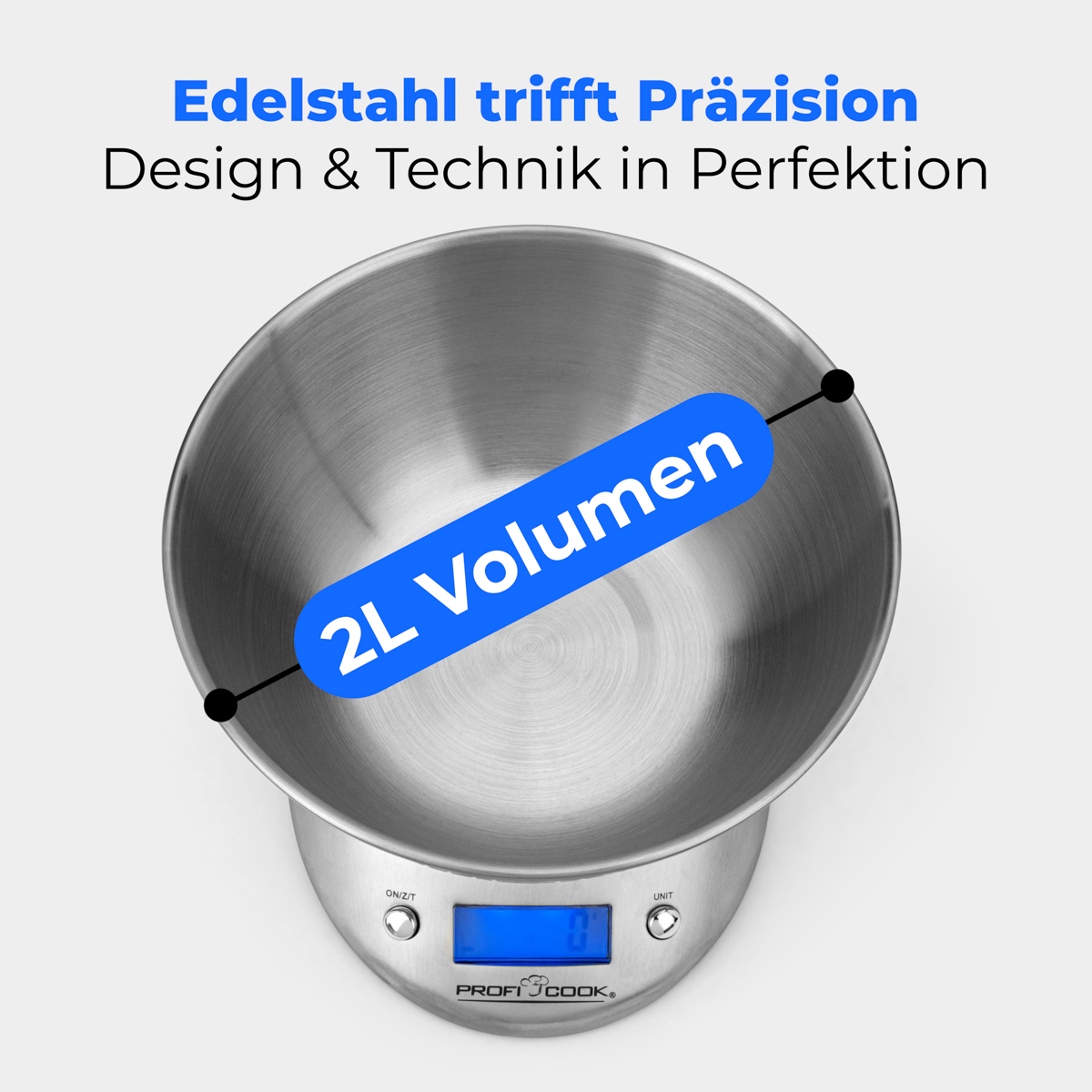 Waga kuchenna ze stali nierdzewnej z niebieskim wyświetlaczem i tekstem na białym tle.