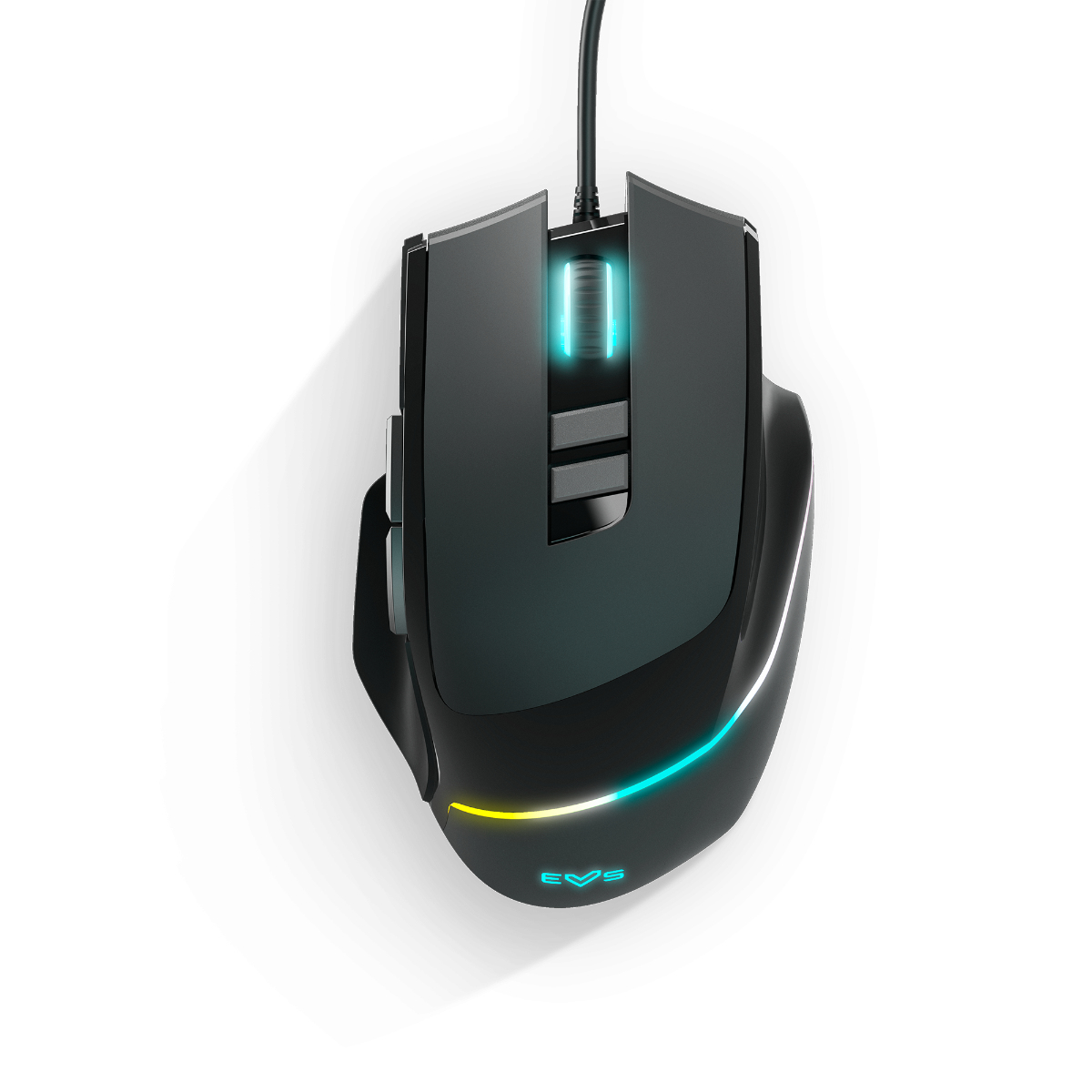 Mouse da gaming nero con pulsanti laterali e illuminazione RGB, su superficie bianca.