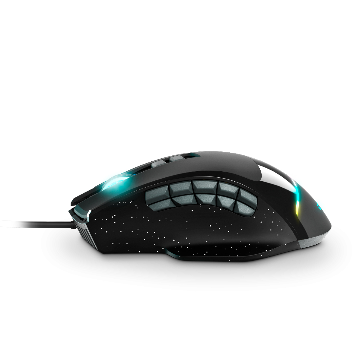 Un mouse da gioco nero con un design a stelle. Ha pulsanti laterali e un cavo.