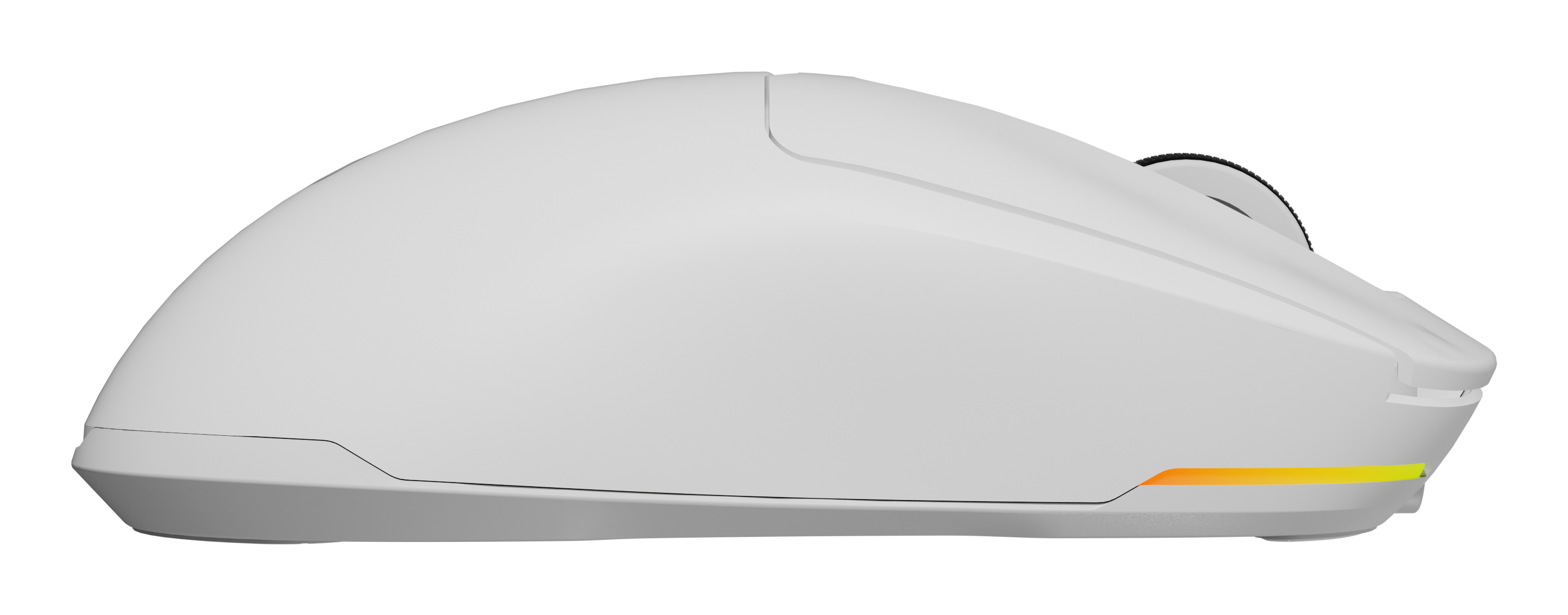 Witte muis, zijaanzicht. Oranje en geel licht. Witte achtergrond.