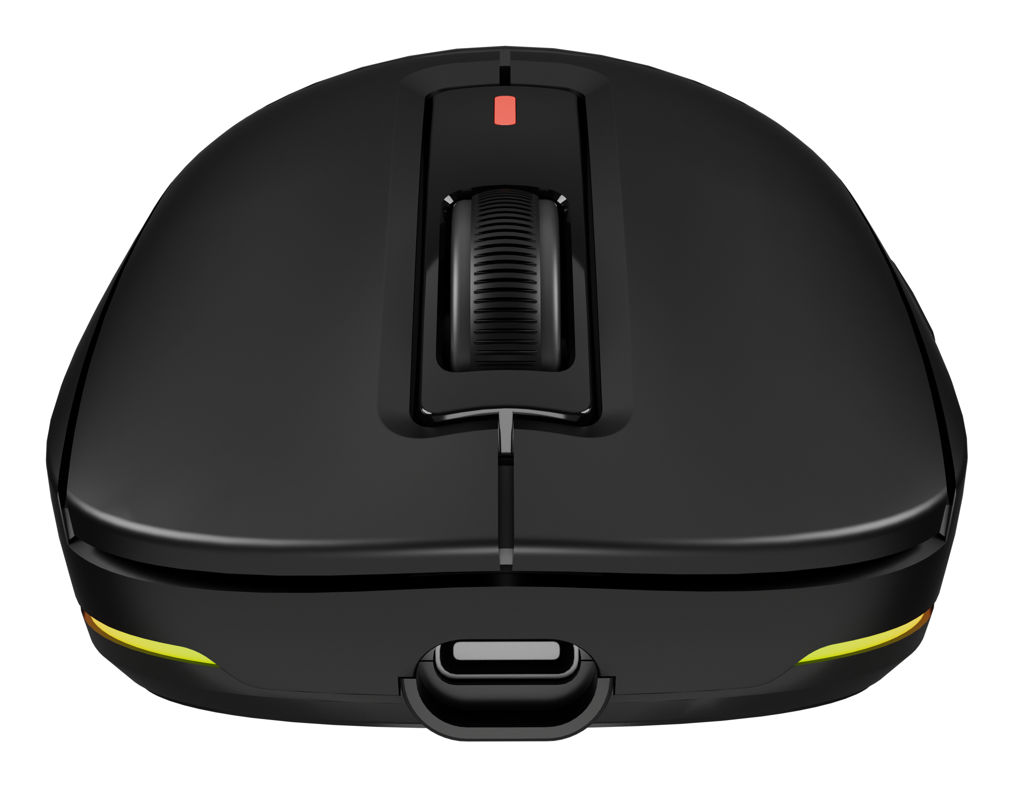 Schwarze Computermaus mit Scrollrad und USB-Anschluss. Gelbe LED-Leuchten.