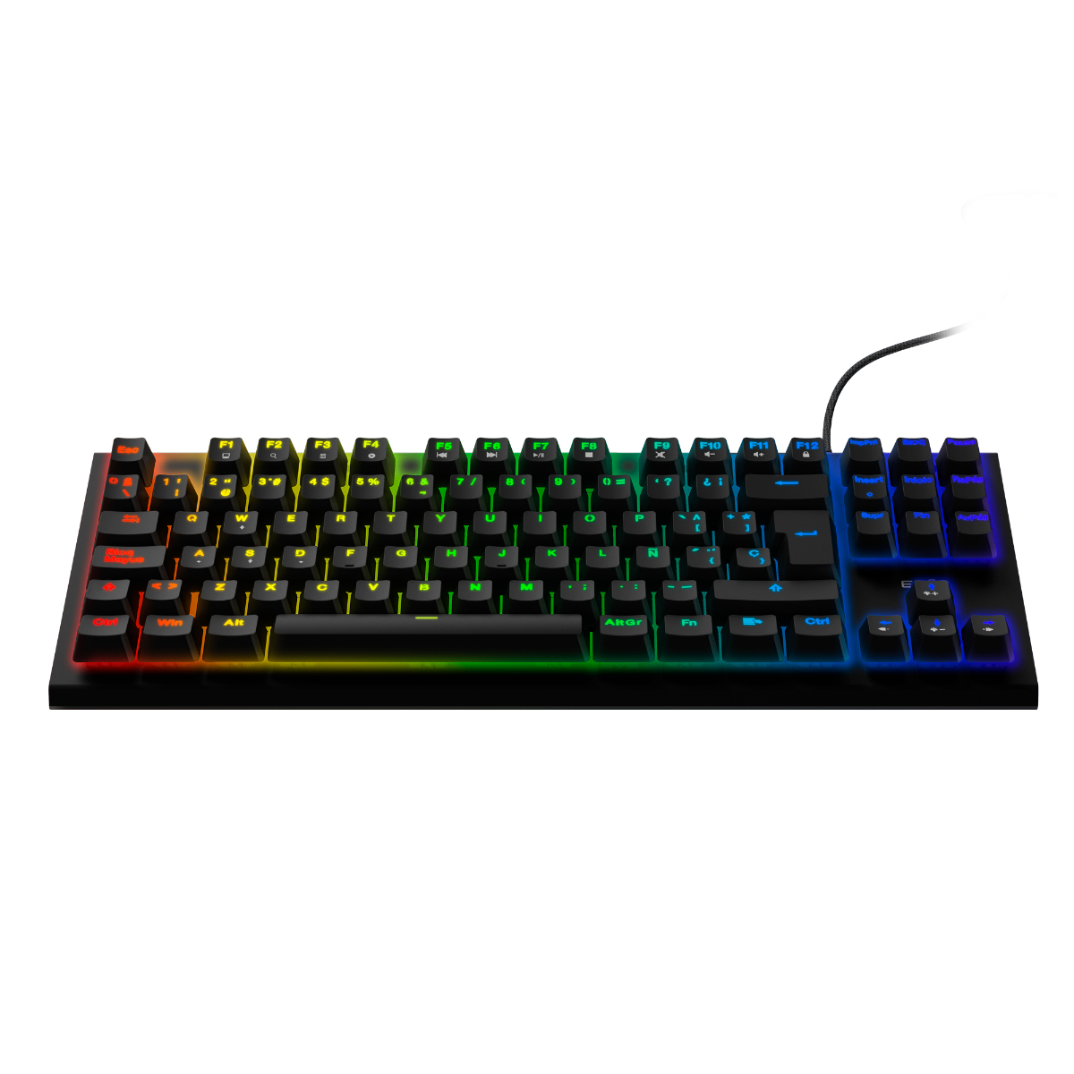 Eine schwarze Tastatur mit bunten, hinterleuchteten Tasten, von oben betrachtet, isoliert auf weißem Hintergrund.