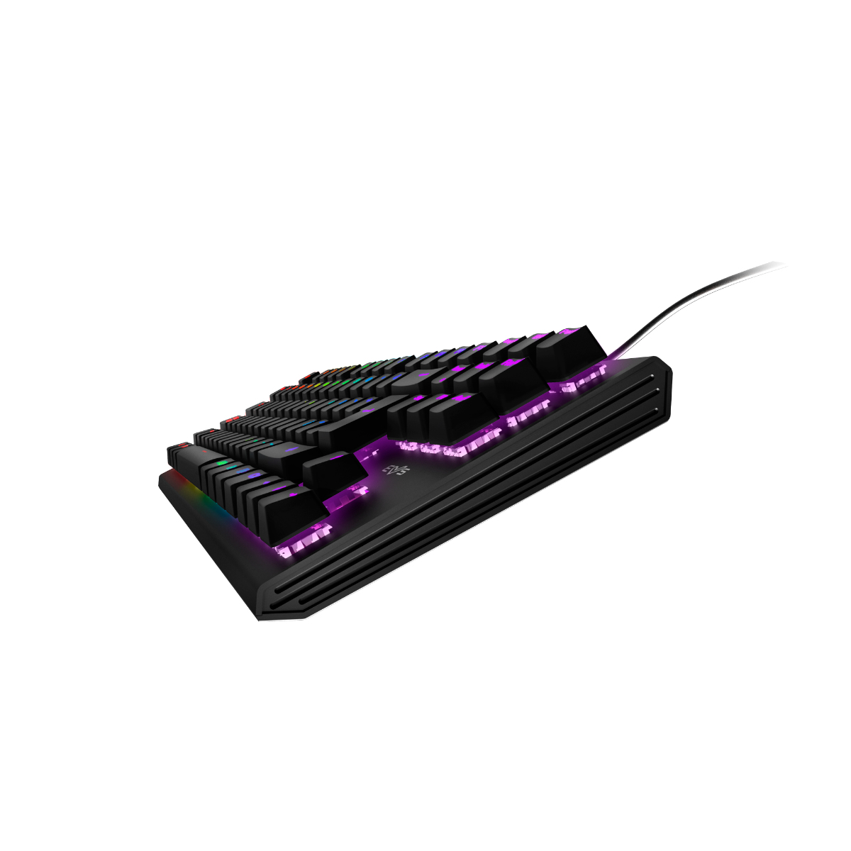 Schwarze mechanische Tastatur mit RGB-Beleuchtung. Die Tastatur hat ein kompaktes Design und ist abgewinkelt.