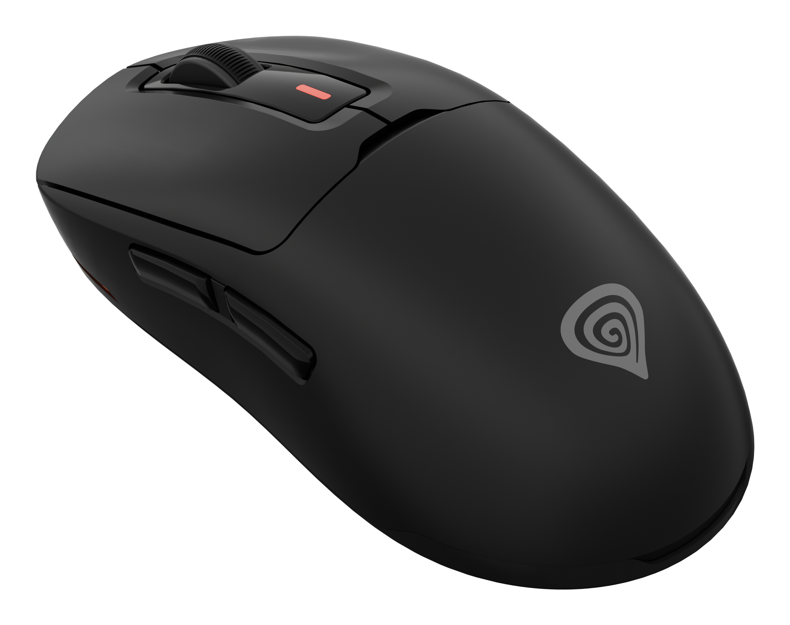 Schwarze Maus mit Scrollrad und Seitentasten. Genesis-Logo an der Seite.