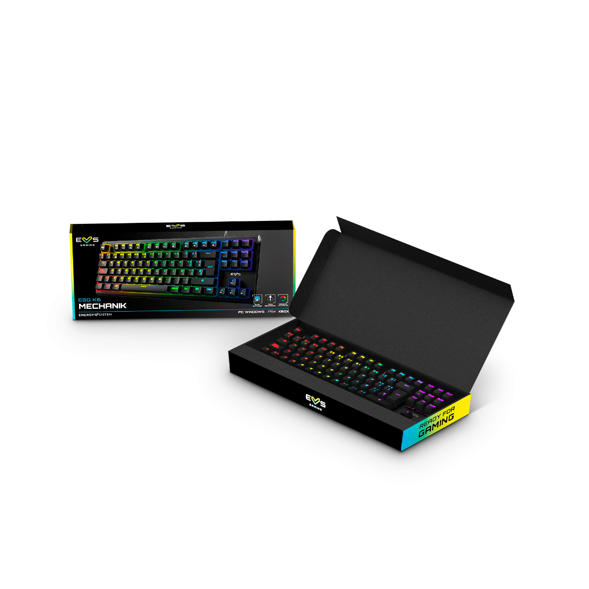 Tastatur und Box. Die Tastatur ist schwarz mit bunten Tasten. Die Box ist offen und zeigt die Tastatur.