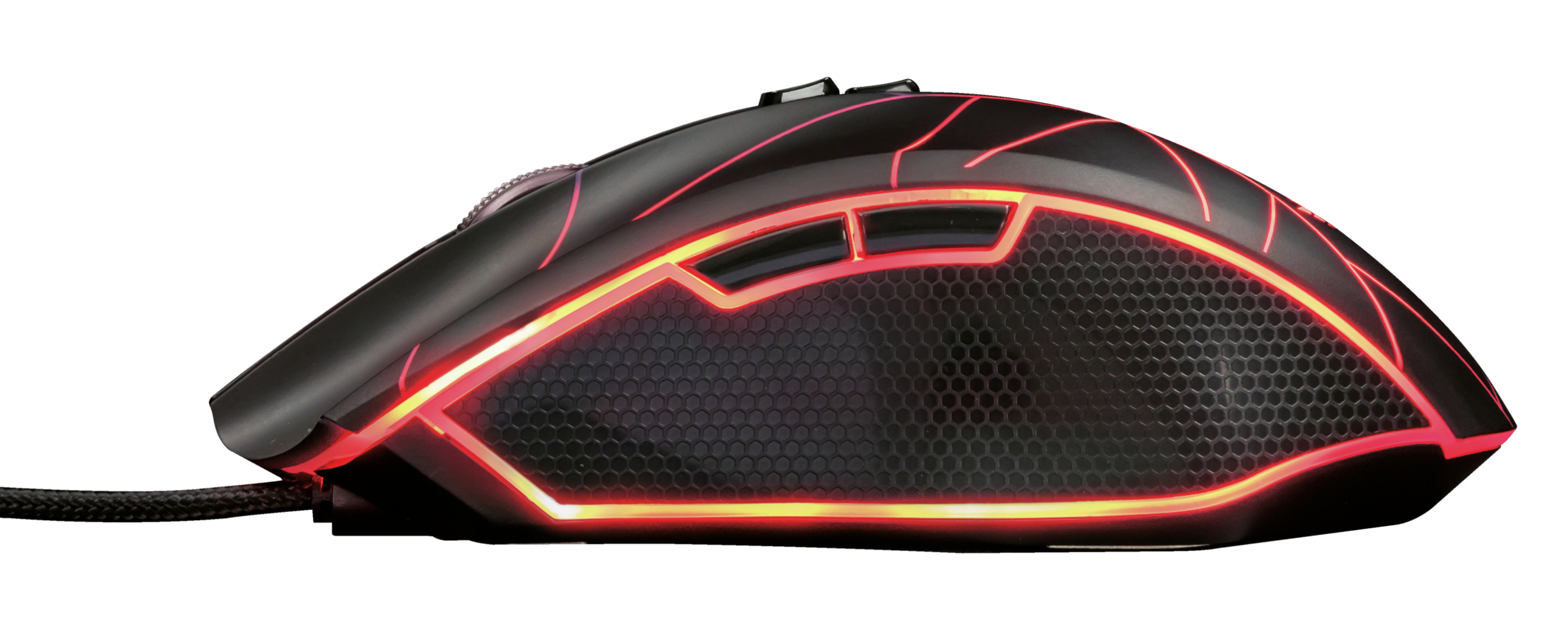 Un mouse da gioco nero con luci rosse sui bordi, con un'impugnatura laterale strutturata.