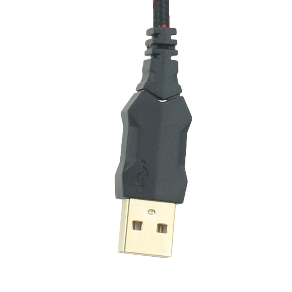 Un connettore USB nero con una spina USB dorata. Il cavo è nero e rosso.