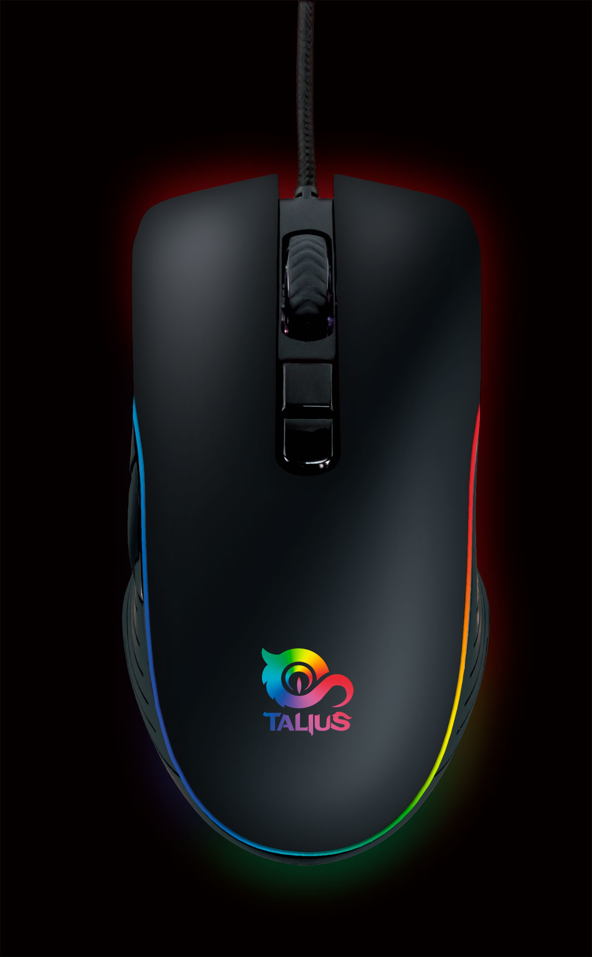 Zwarte gamingmuis met RGB-verlichting en het Talius-logo op zwarte achtergrond.