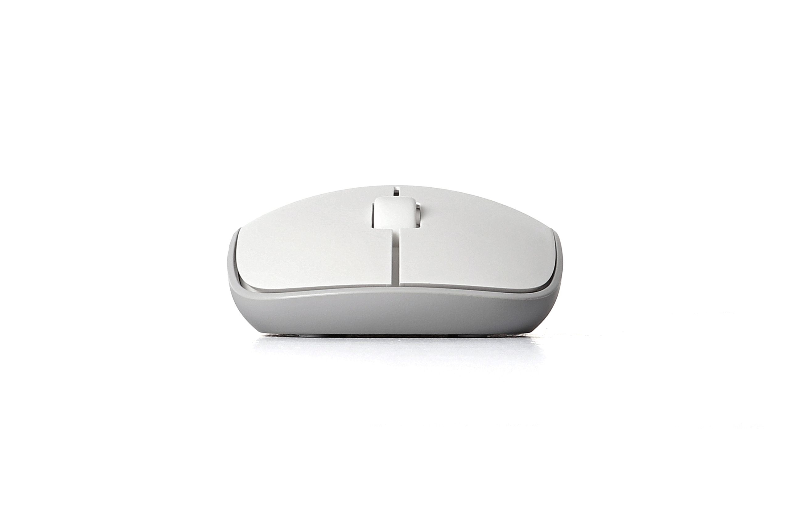Biała mysz komputerowa, widok z góry, na białym tle. Prosty, ergonomiczny design.