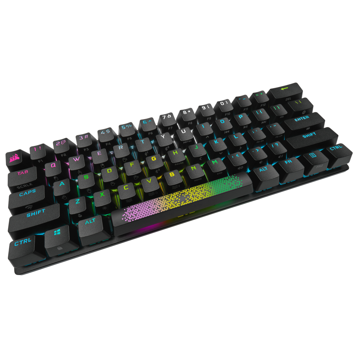 Tastiera da gioco compatta nera con tasti illuminati colorati. I tasti sono multicolore.