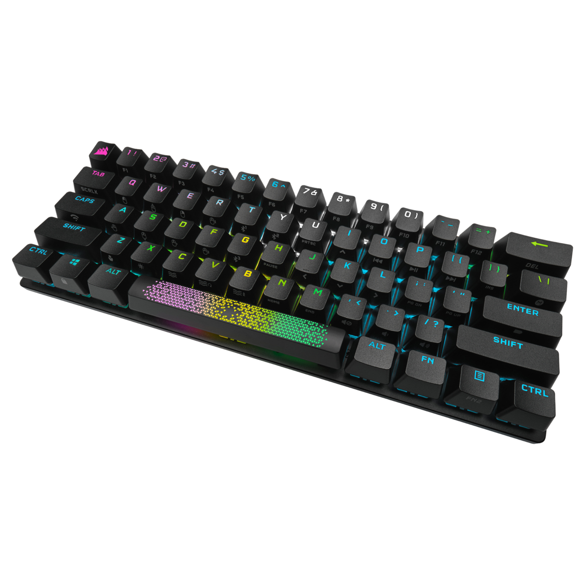 Tastiera nera con tasti colorati. Il layout è compatto.