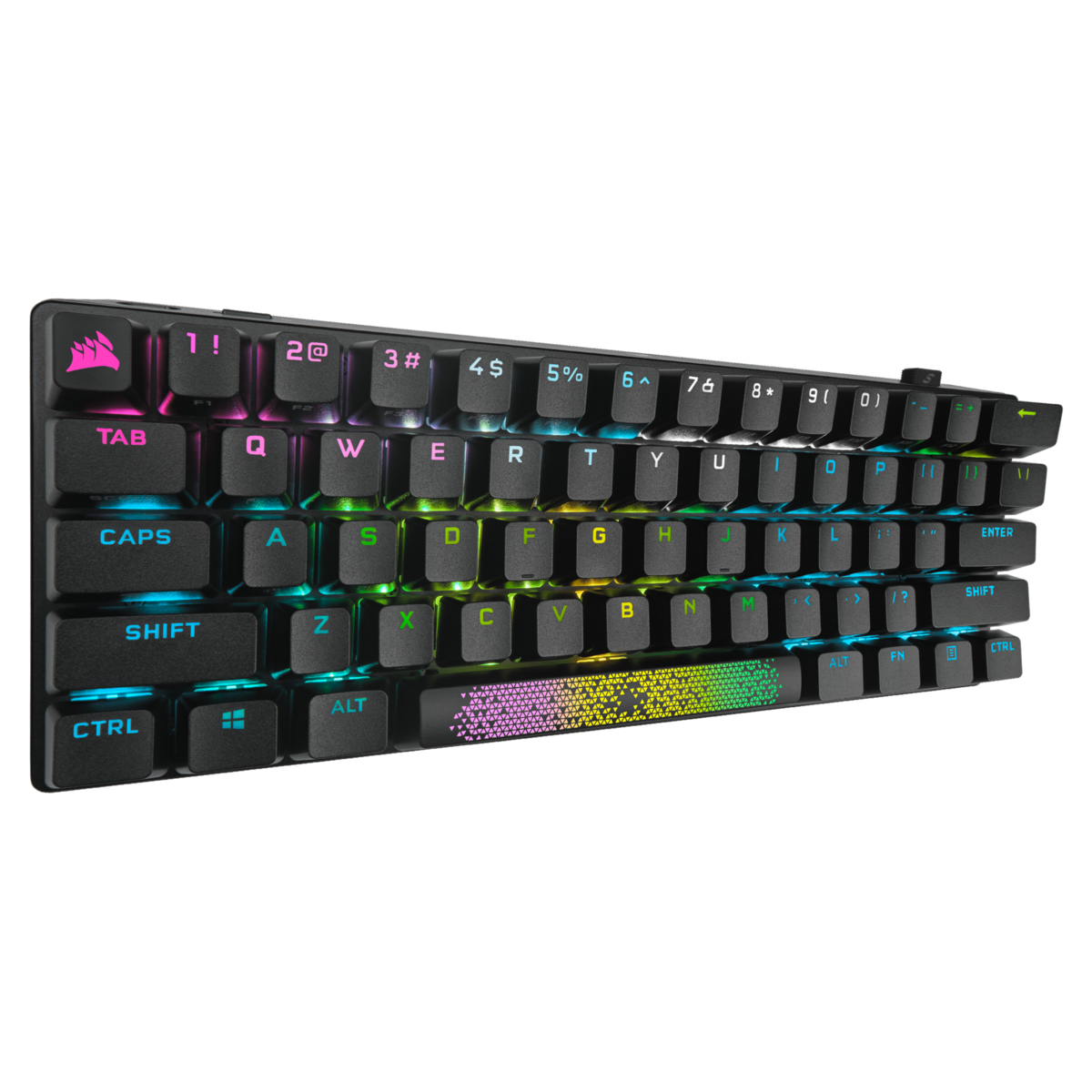 Tastiera nera con tasti retroilluminati multicolore e logo rosa.