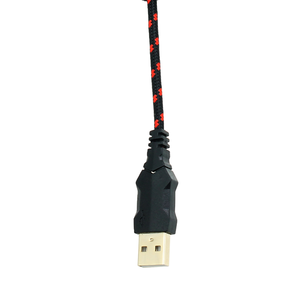 Kabel USB z czarnym złączem i czerwono-czarnym plecionym wzorem.